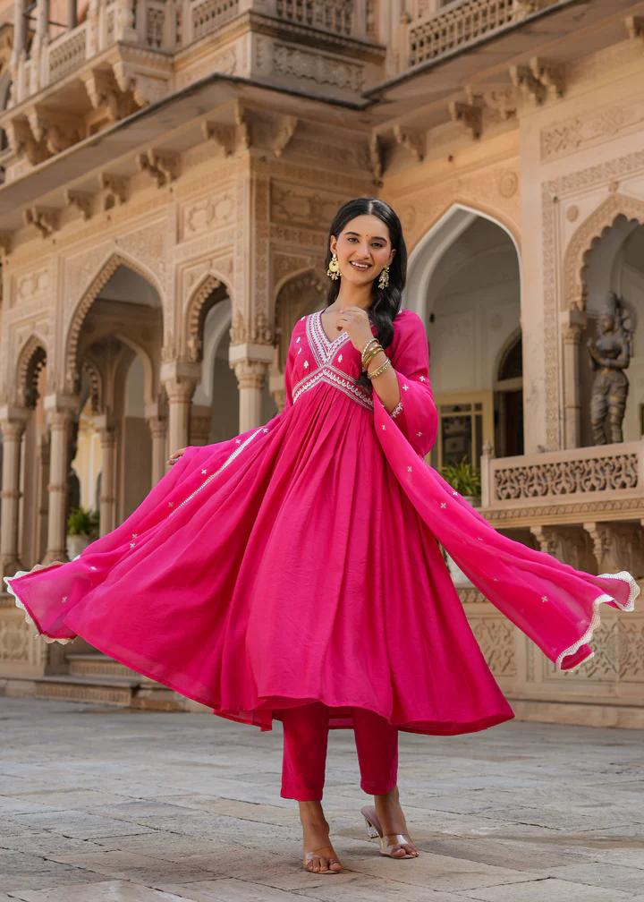 Pritika Pink Embroidered Alia Cut Suit set with Dupatta
