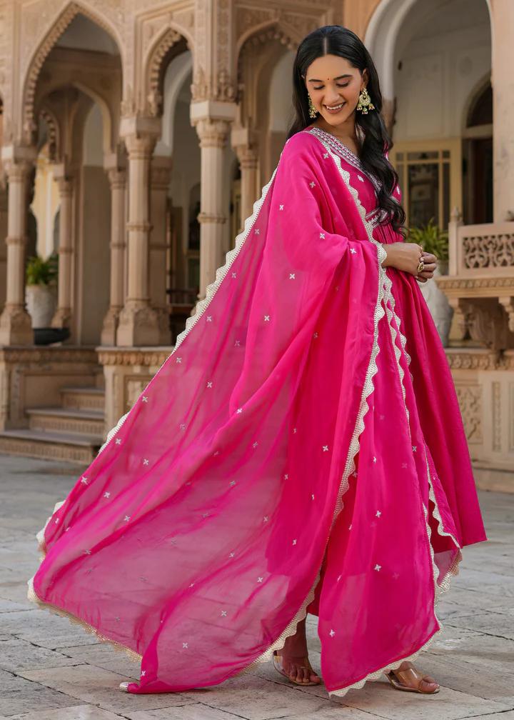 Pritika Pink Embroidered Alia Cut Suit set with Dupatta