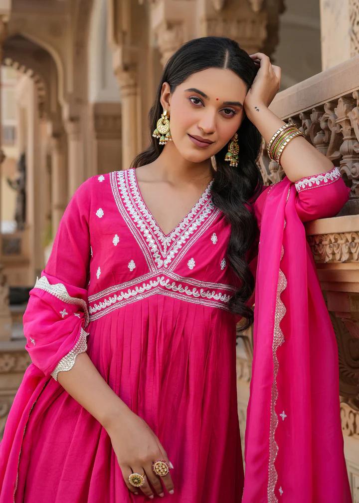 Pritika Pink Embroidered Alia Cut Suit set with Dupatta