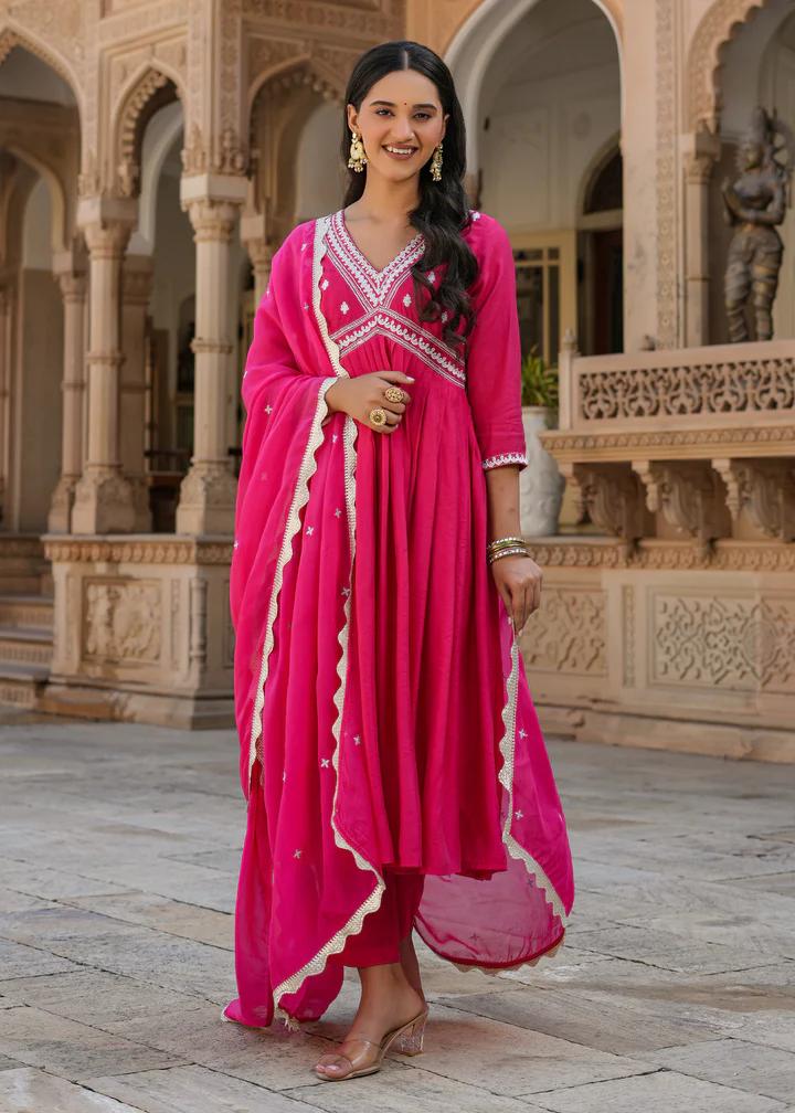 Pritika Pink Embroidered Alia Cut Suit set with Dupatta