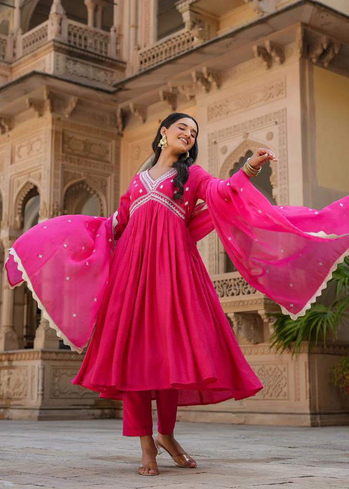 Pritika Pink Embroidered Alia Cut Suit set with Dupatta