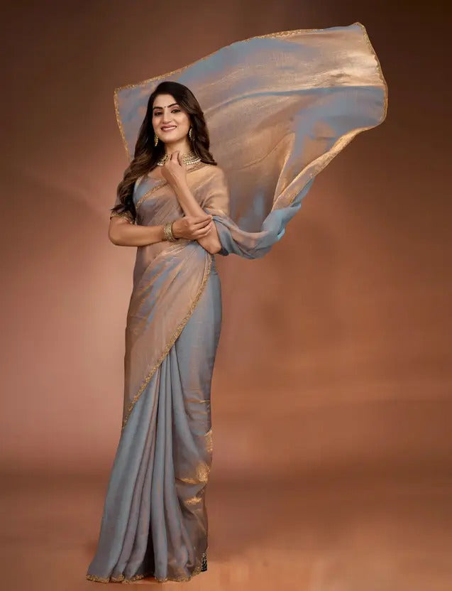 Solid/Plain Bollywood Chiffon, Silk Blend Saree (Beige)