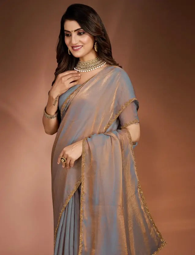 Solid/Plain Bollywood Chiffon, Silk Blend Saree (Beige)