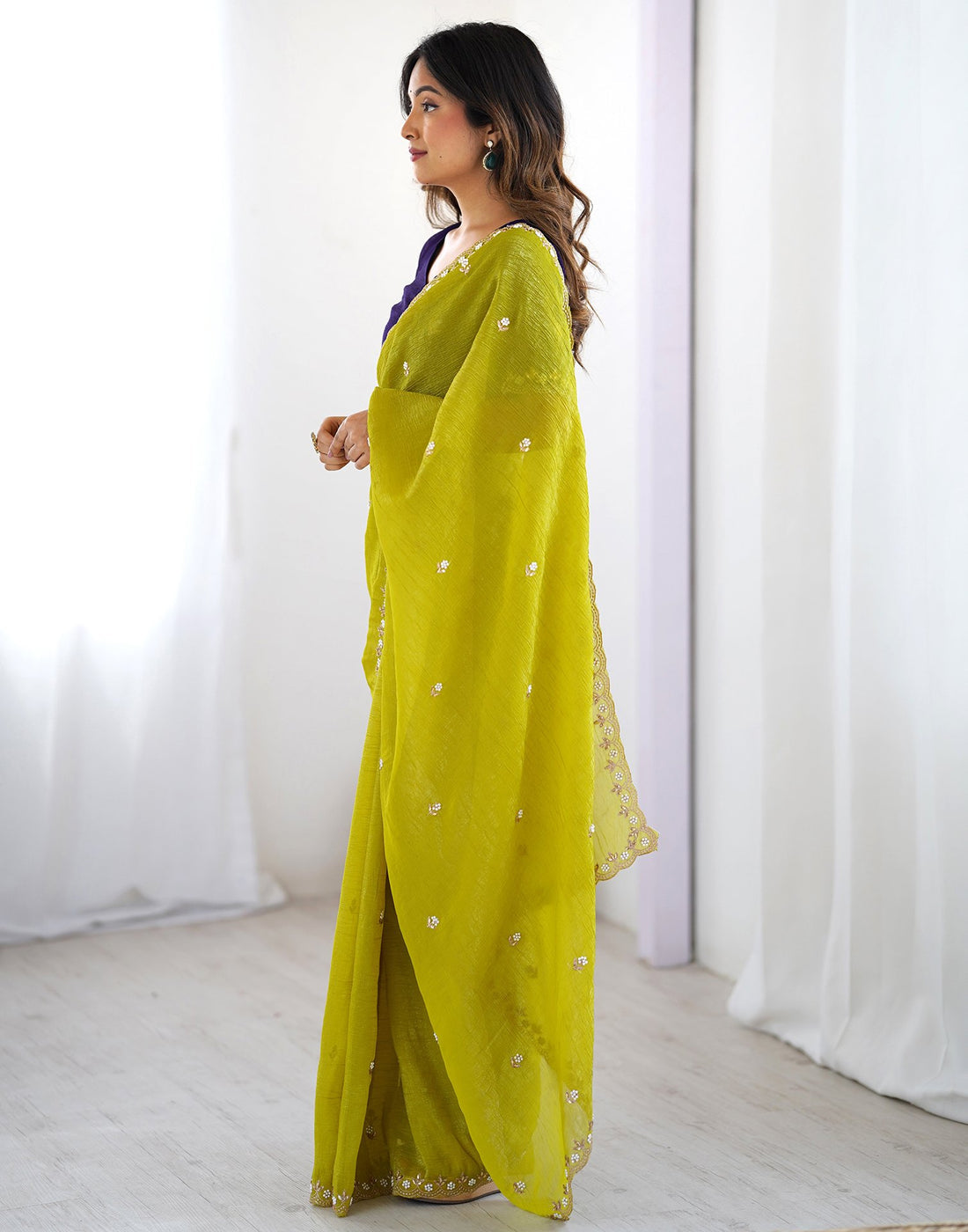 Lime Green Party Wear Saree with Multi Embroidery and Fancy White Stone Border