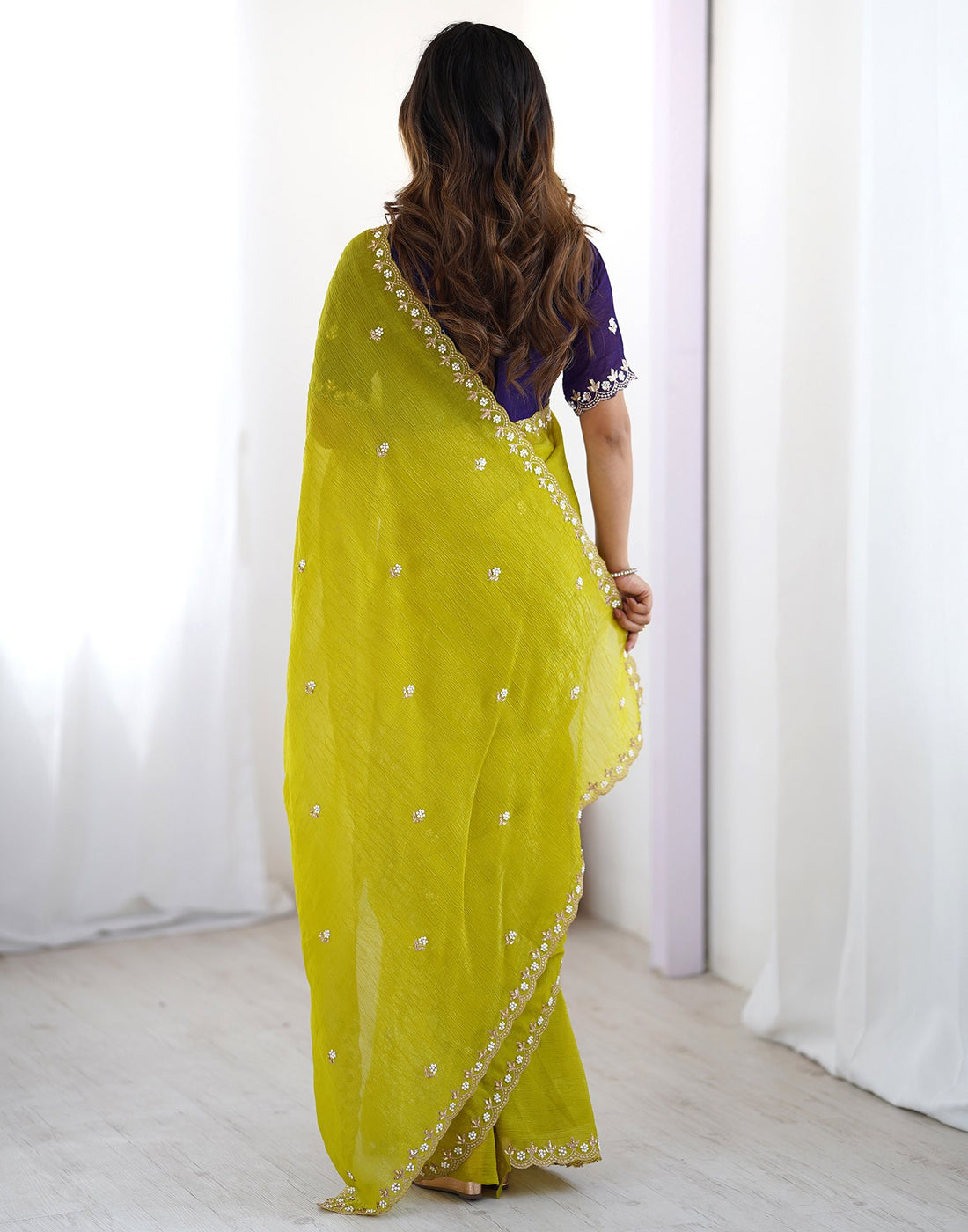 Lime Green Party Wear Saree with Multi Embroidery and Fancy White Stone Border