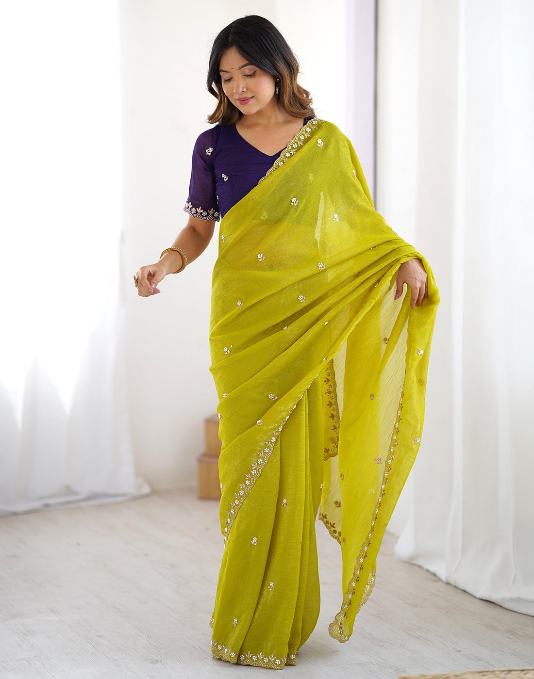 Lime Green Party Wear Saree with Multi Embroidery and Fancy White Stone Border