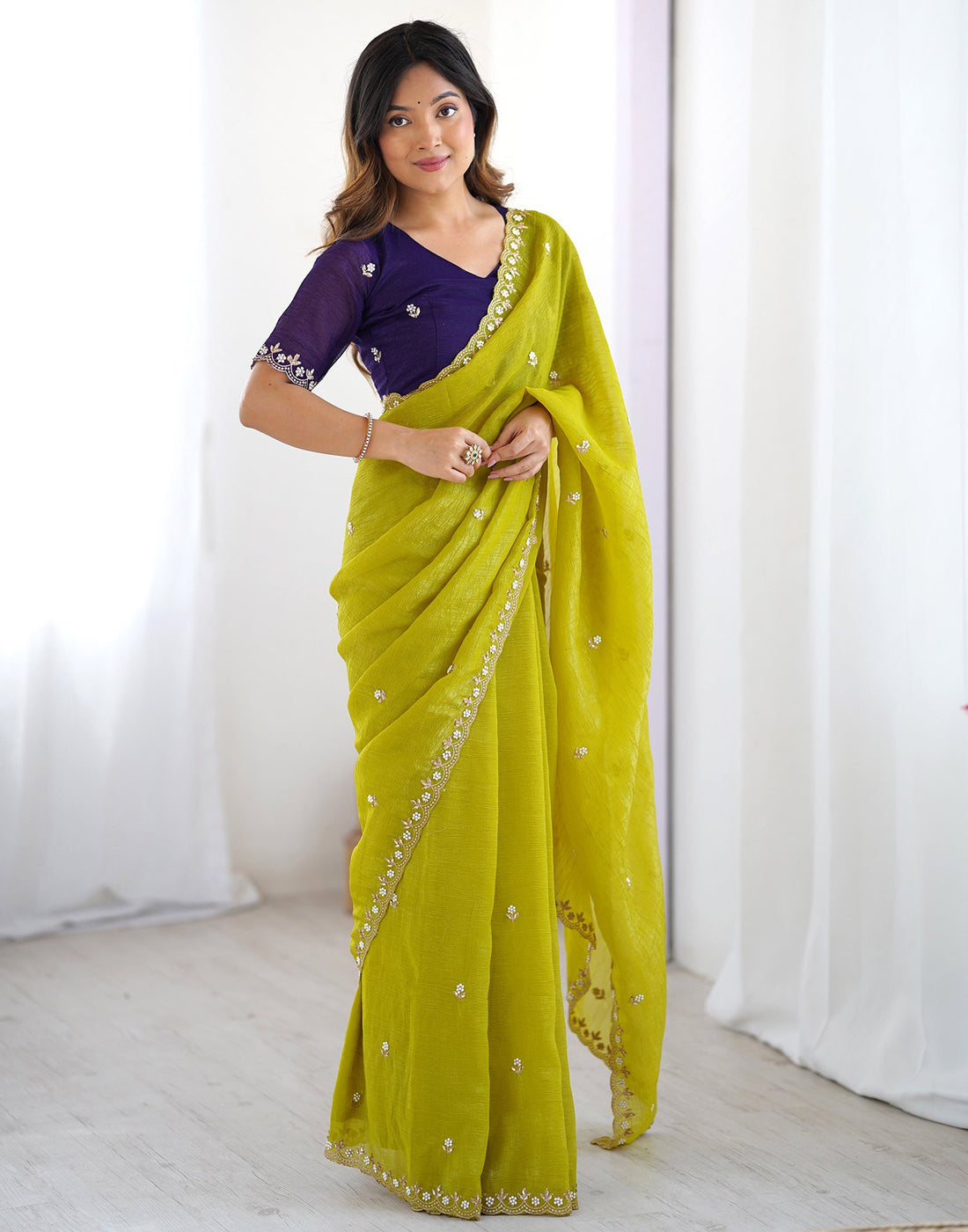 Lime Green Party Wear Saree with Multi Embroidery and Fancy White Stone Border