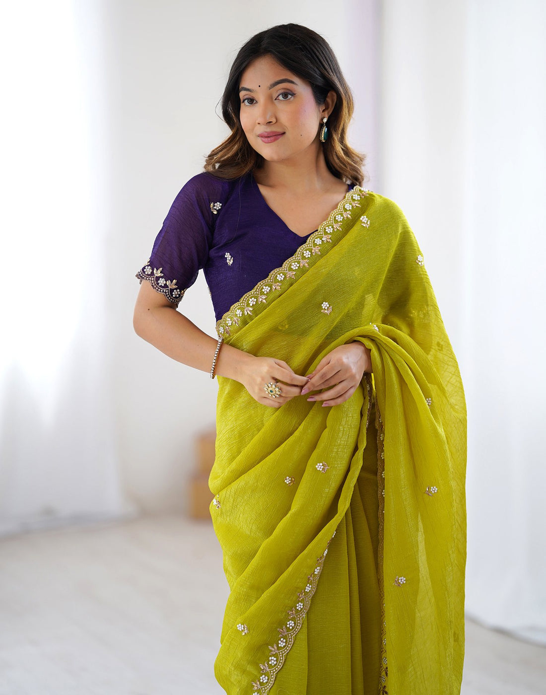 Lime Green Party Wear Saree with Multi Embroidery and Fancy White Stone Border