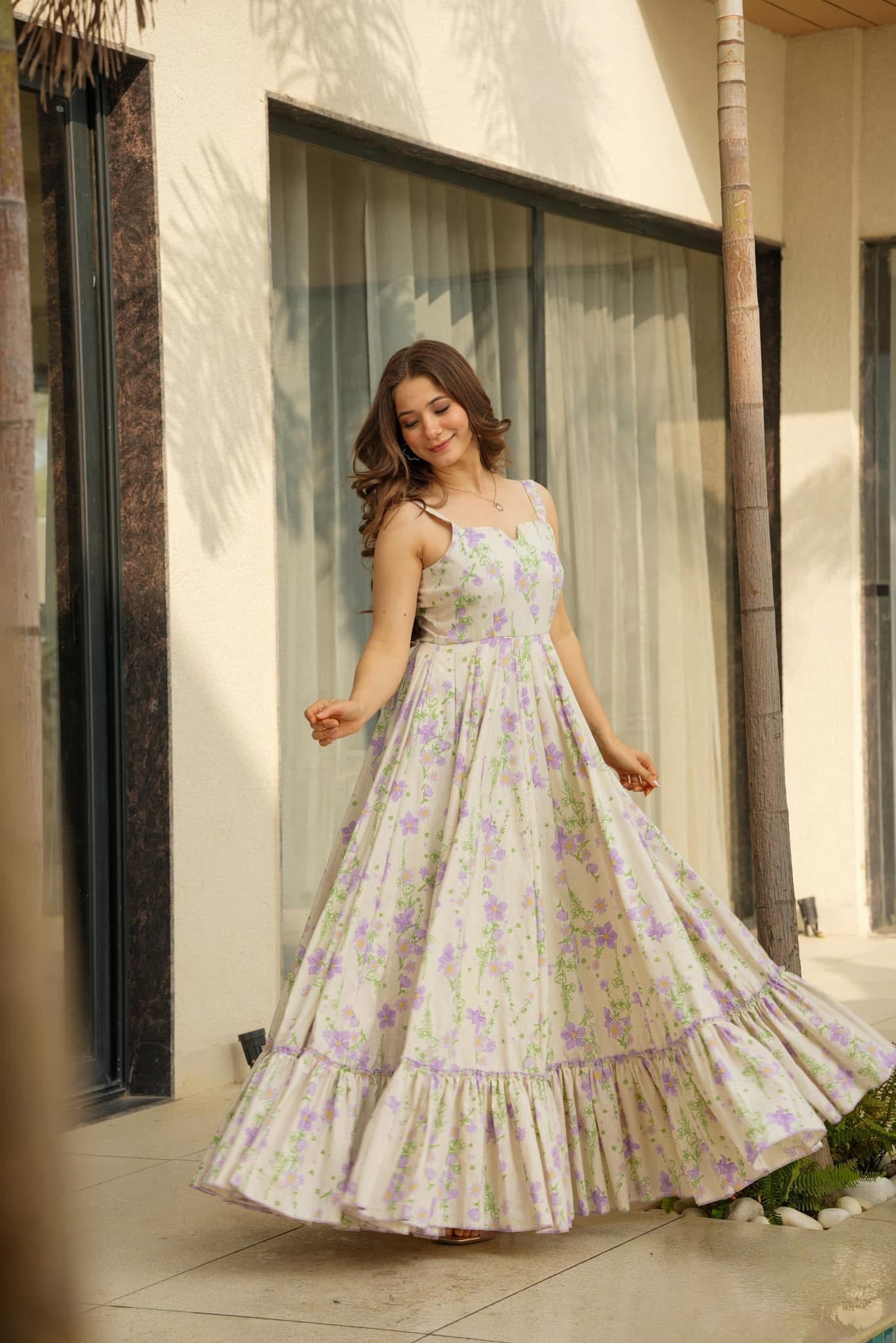 Women’s Purple Floral Print Fit & Flare Maxi Dress with Shoulder Straps – Summer Party & Casual Wear