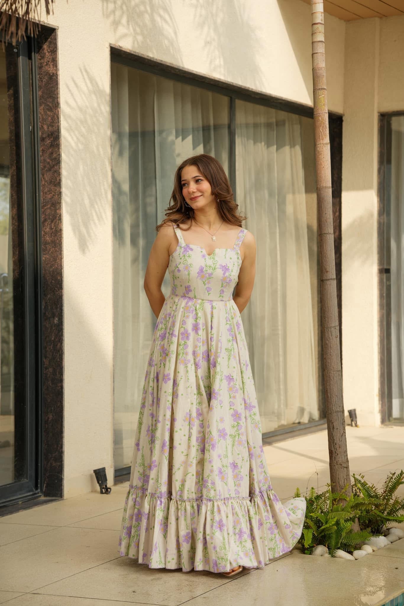 Women’s Purple Floral Print Fit & Flare Maxi Dress with Shoulder Straps – Summer Party & Casual Wear