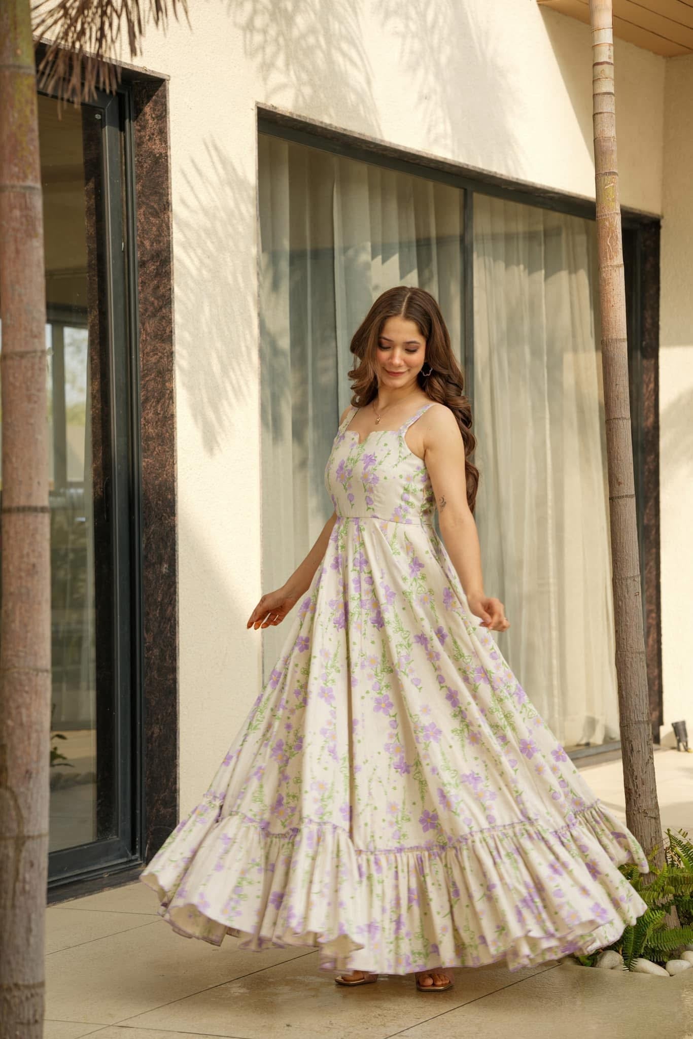Women’s Purple Floral Print Fit & Flare Maxi Dress with Shoulder Straps – Summer Party & Casual Wear