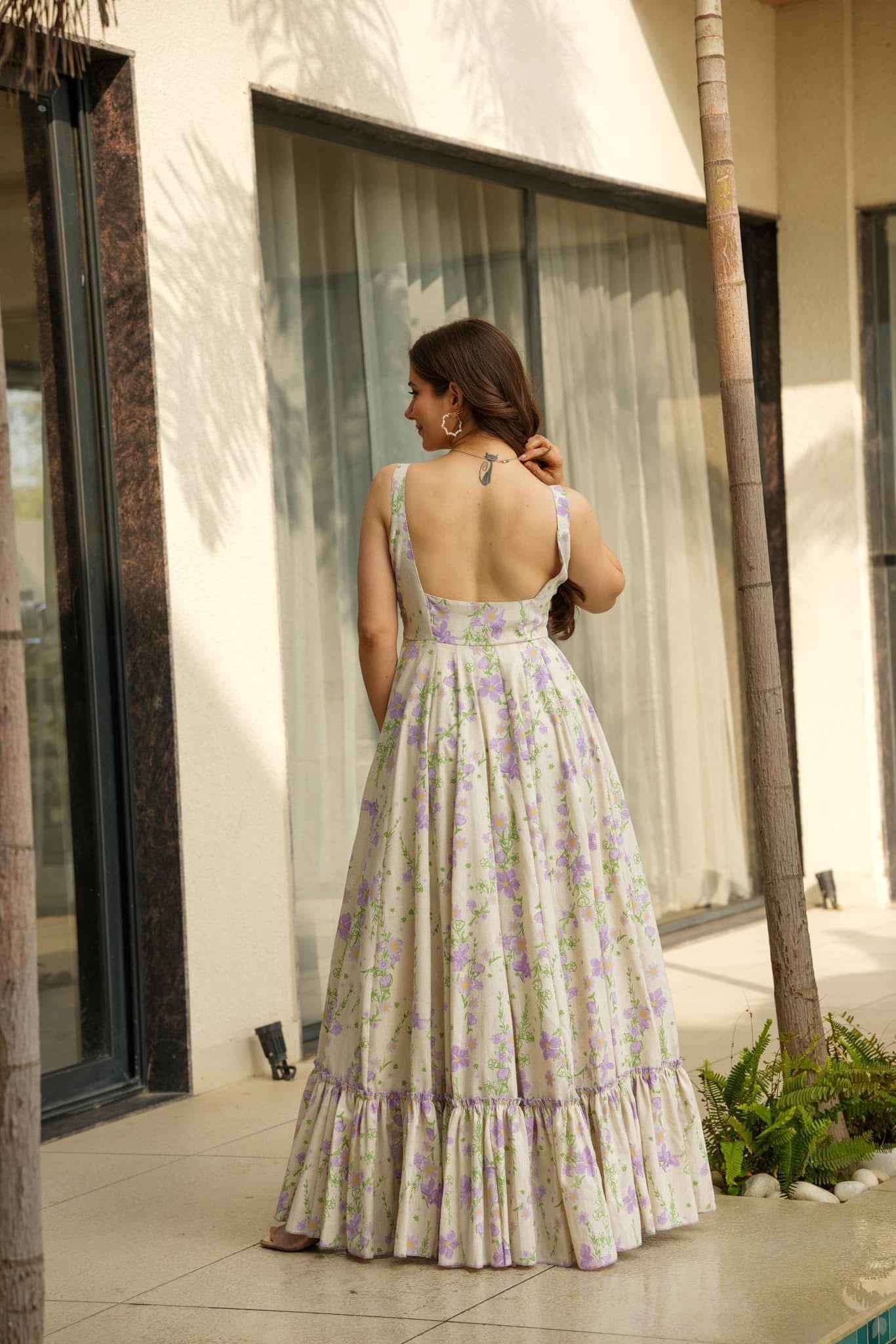 Women’s Purple Floral Print Fit & Flare Maxi Dress with Shoulder Straps – Summer Party & Casual Wear
