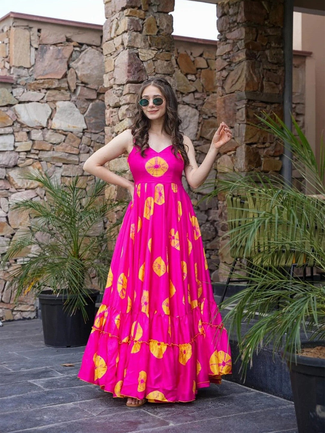 Women’s Pink Floral Print Fit & Flare Maxi Dress with Shoulder Straps – Summer Party & Casual Wear