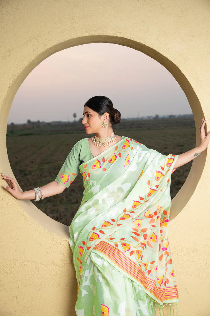 Green Cotton Jamdani Traditional Motifs Saree