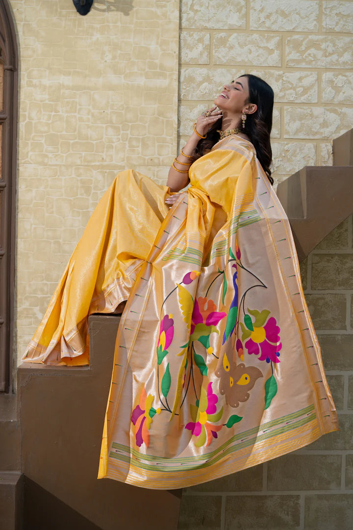 Vibrant Yellow Paithani Silk Saree with Intricate Zari Work