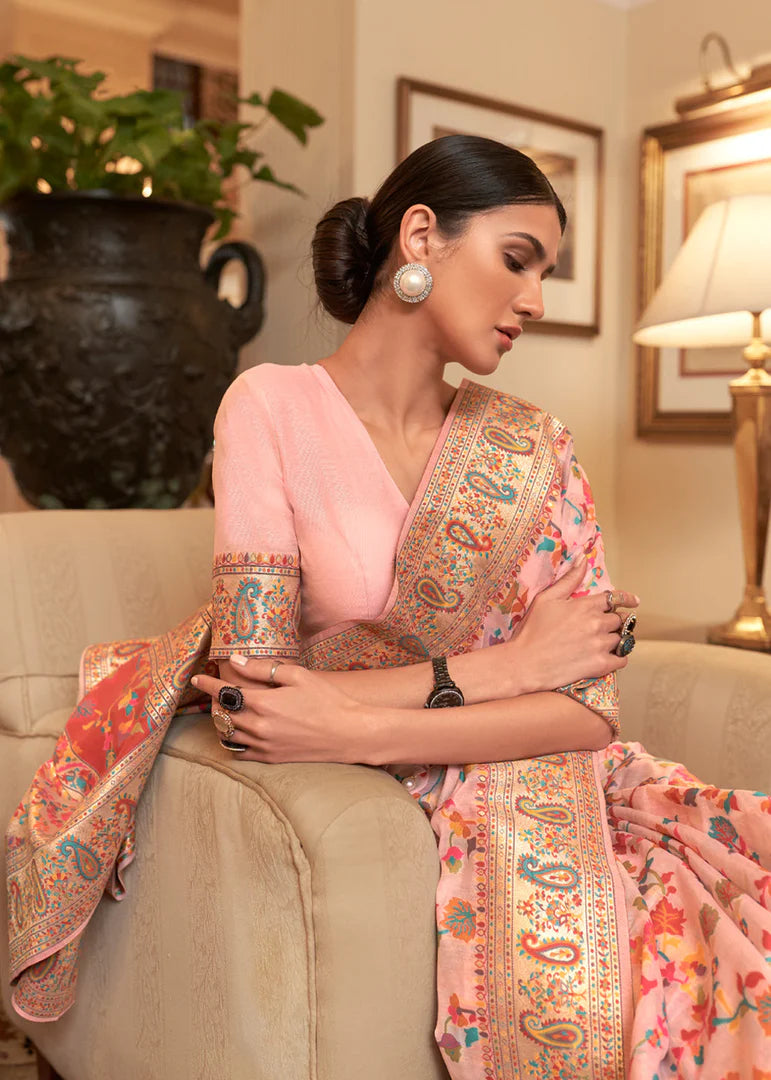 Peach Blossom Woven Jamewar Kashmiri Banarasi Saree