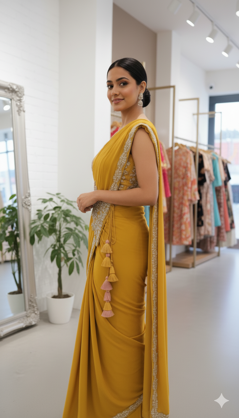Yellow Color Heavy Rangoli Ready to wear Saree