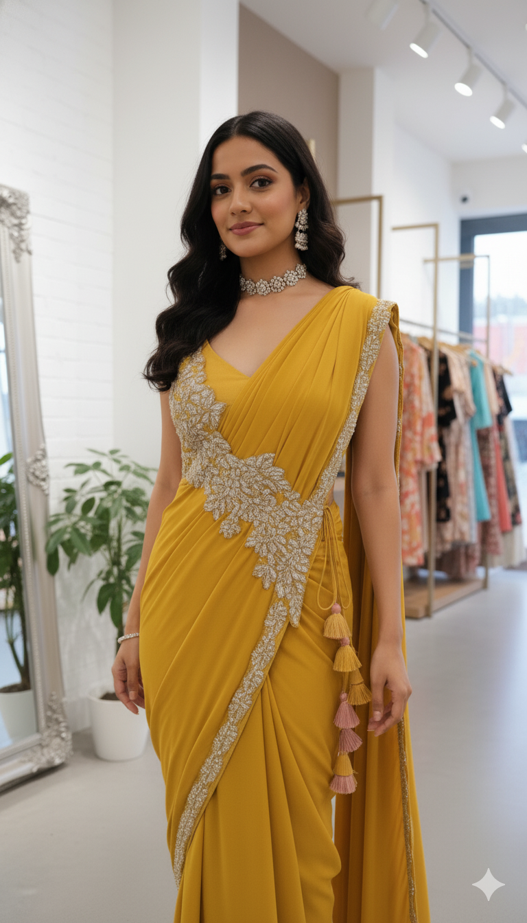 Yellow Color Heavy Rangoli Ready to wear Saree