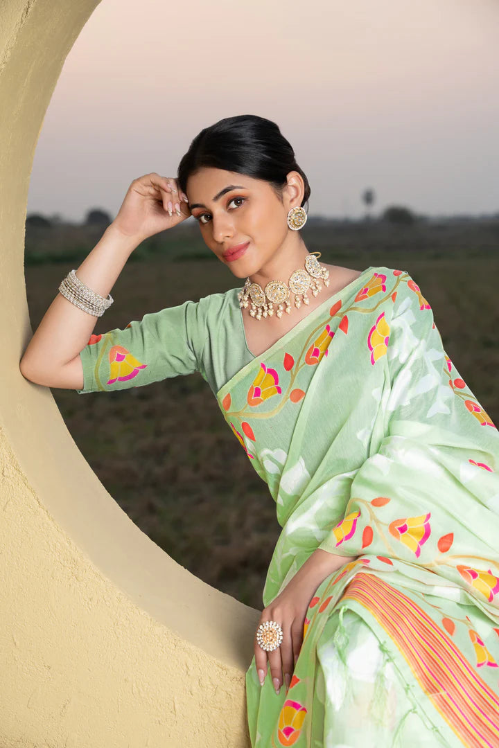 Green Cotton Jamdani Traditional Motifs Saree