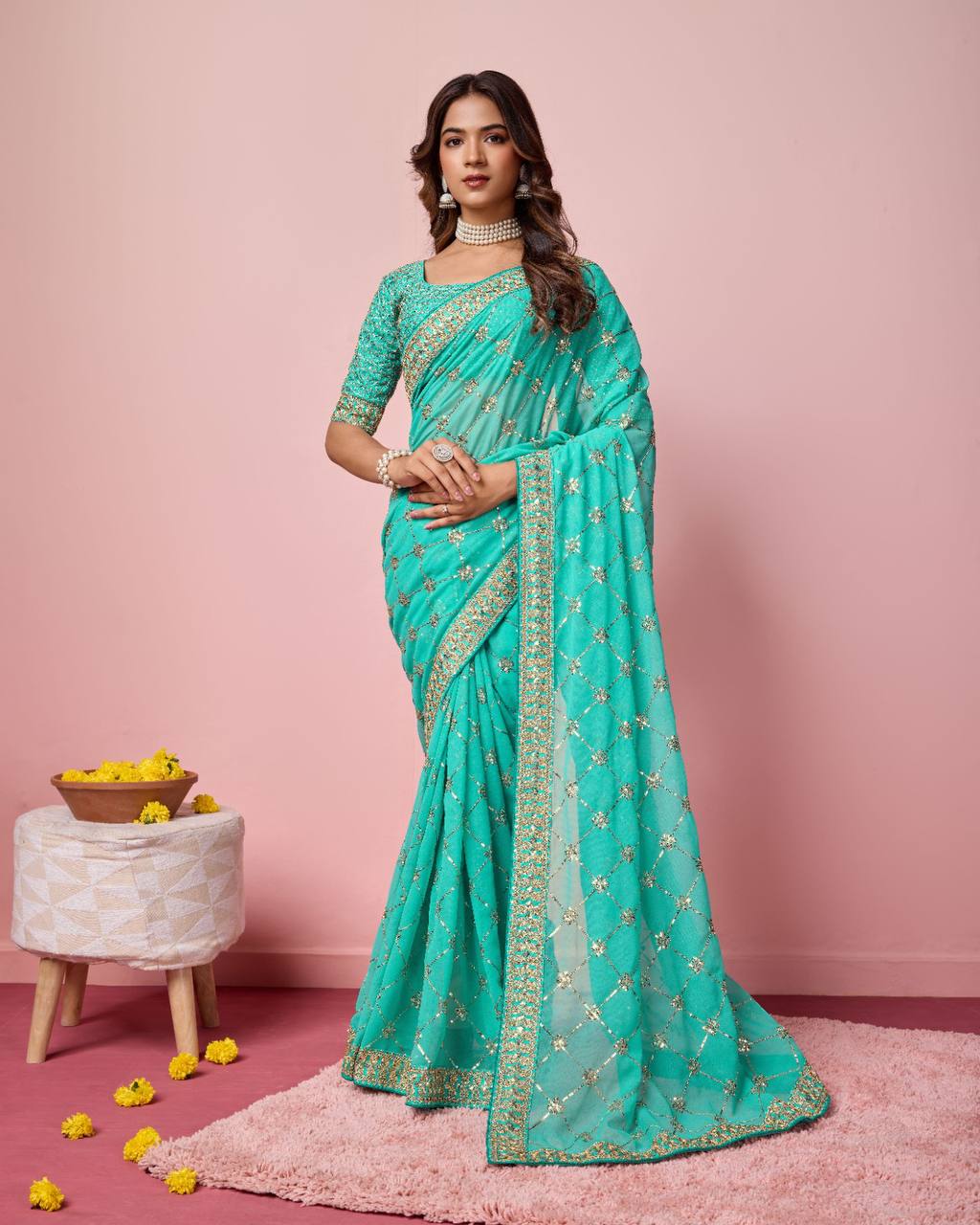 Green Color Georgette party Wear Saree