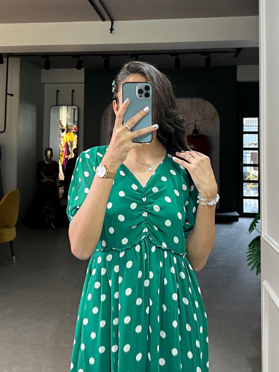 Amazing Green Color Georgette Polka Dot Print Gown