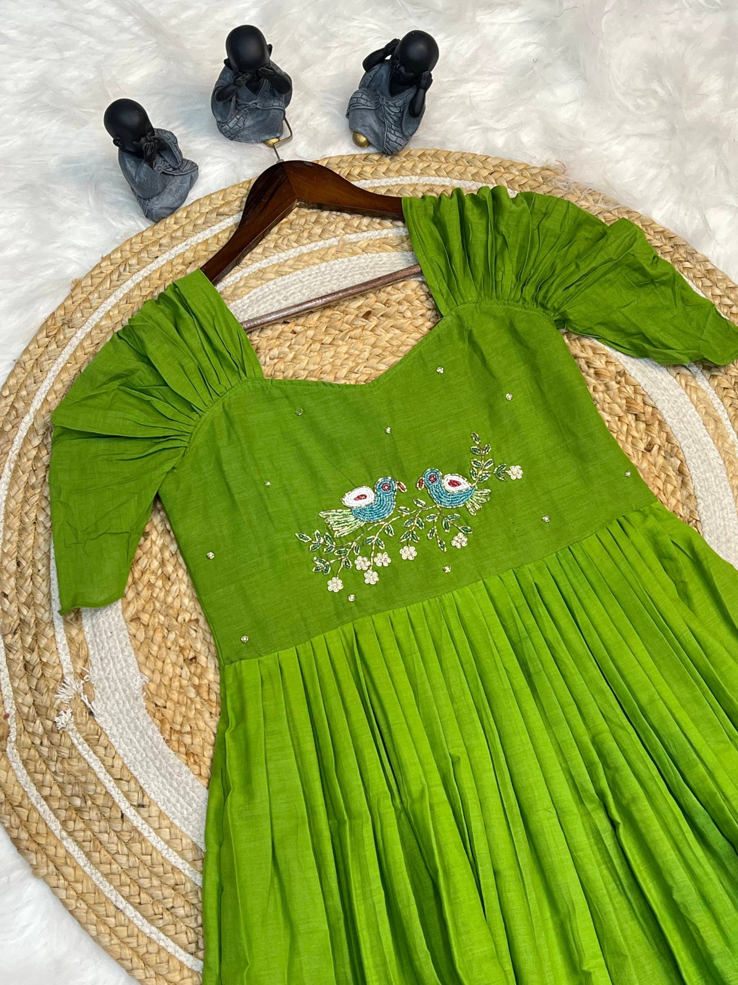 Green Color Pure Mul Cotton Hand Maggam work Kurti