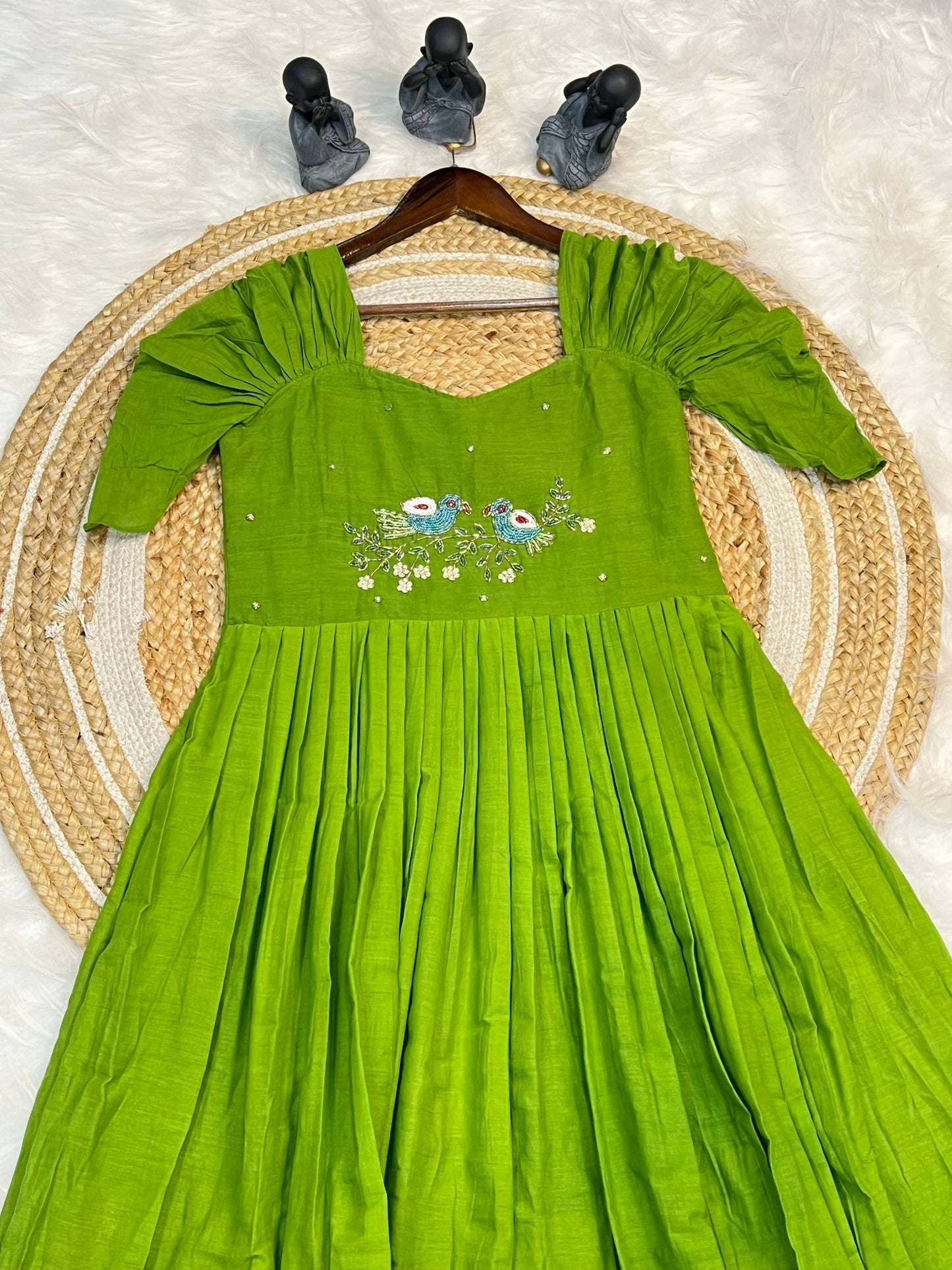Green Color Pure Mul Cotton Hand Maggam work Kurti