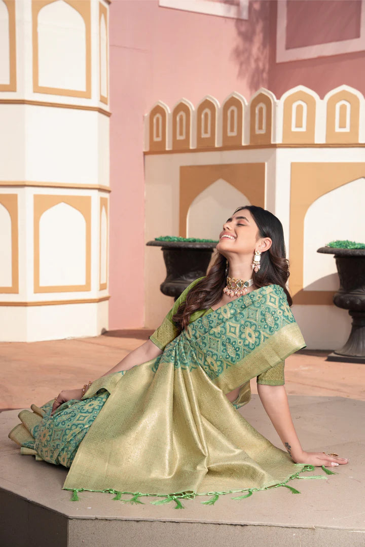 Vastraan Green Ikat Silk Saree – Zari Woven Elegance