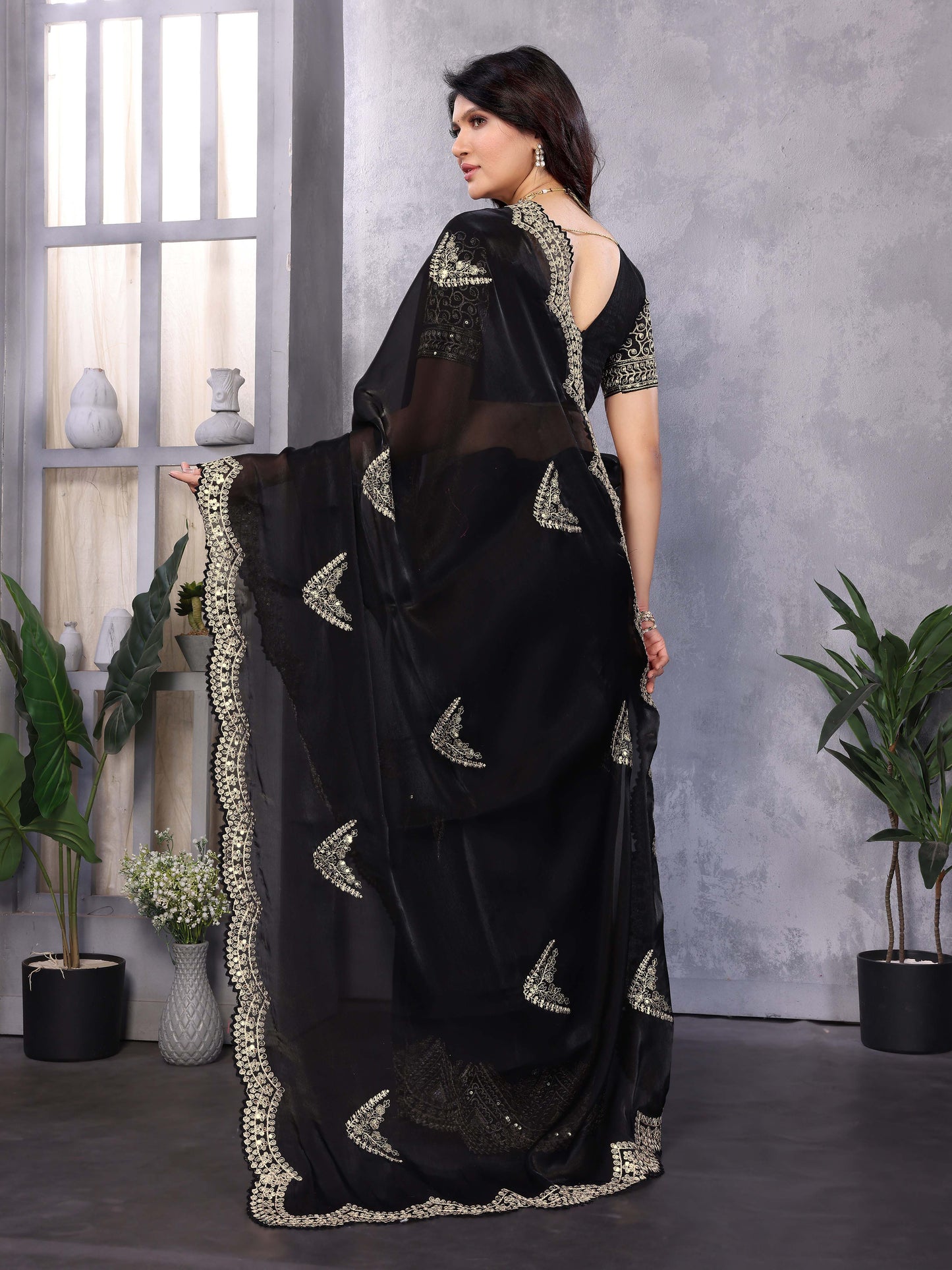 New Black Color Chiffon Embroidery Work Party Wear Saree