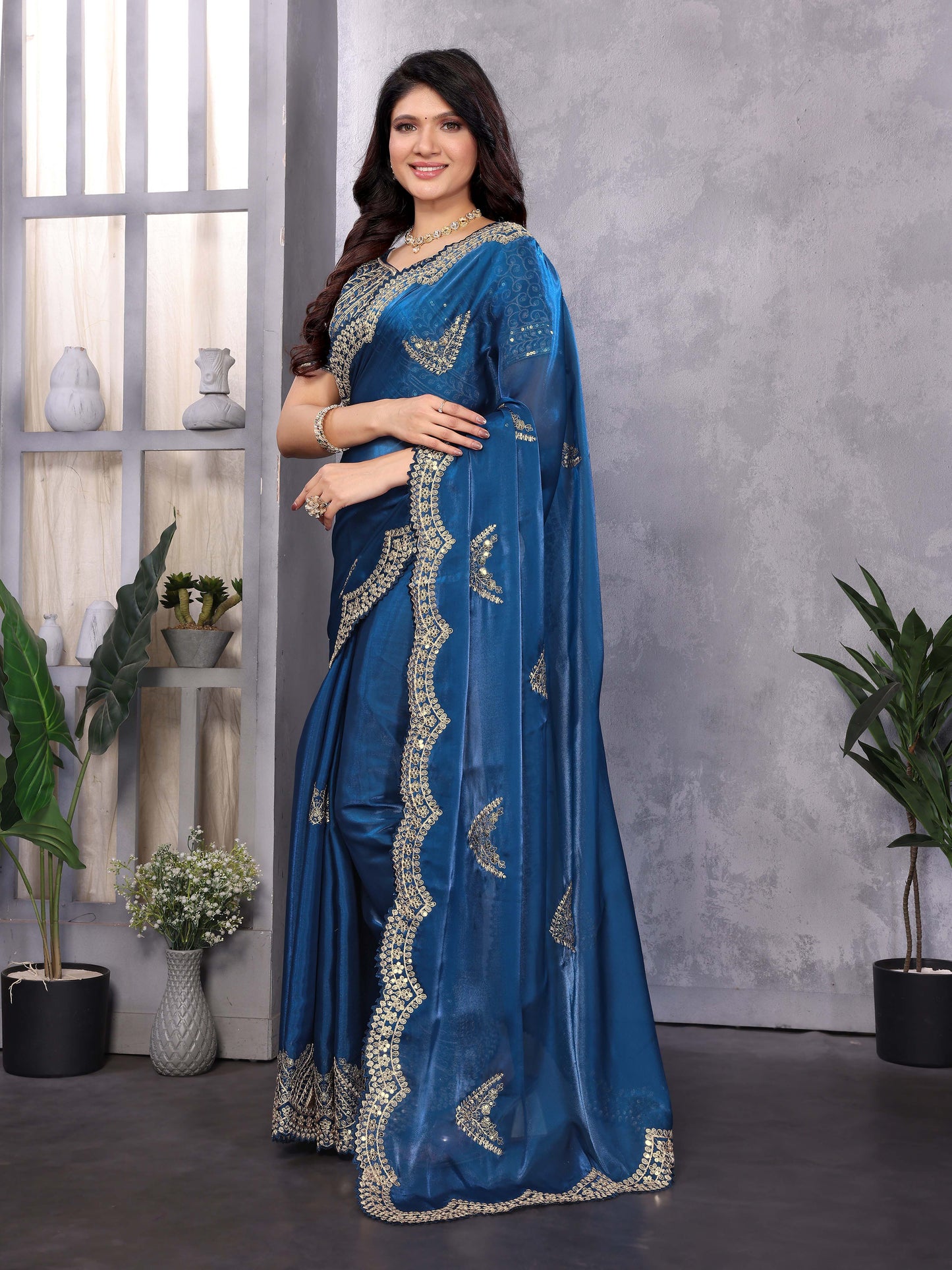 New Blue Color Chiffon Embroidery Work Party Wear Saree