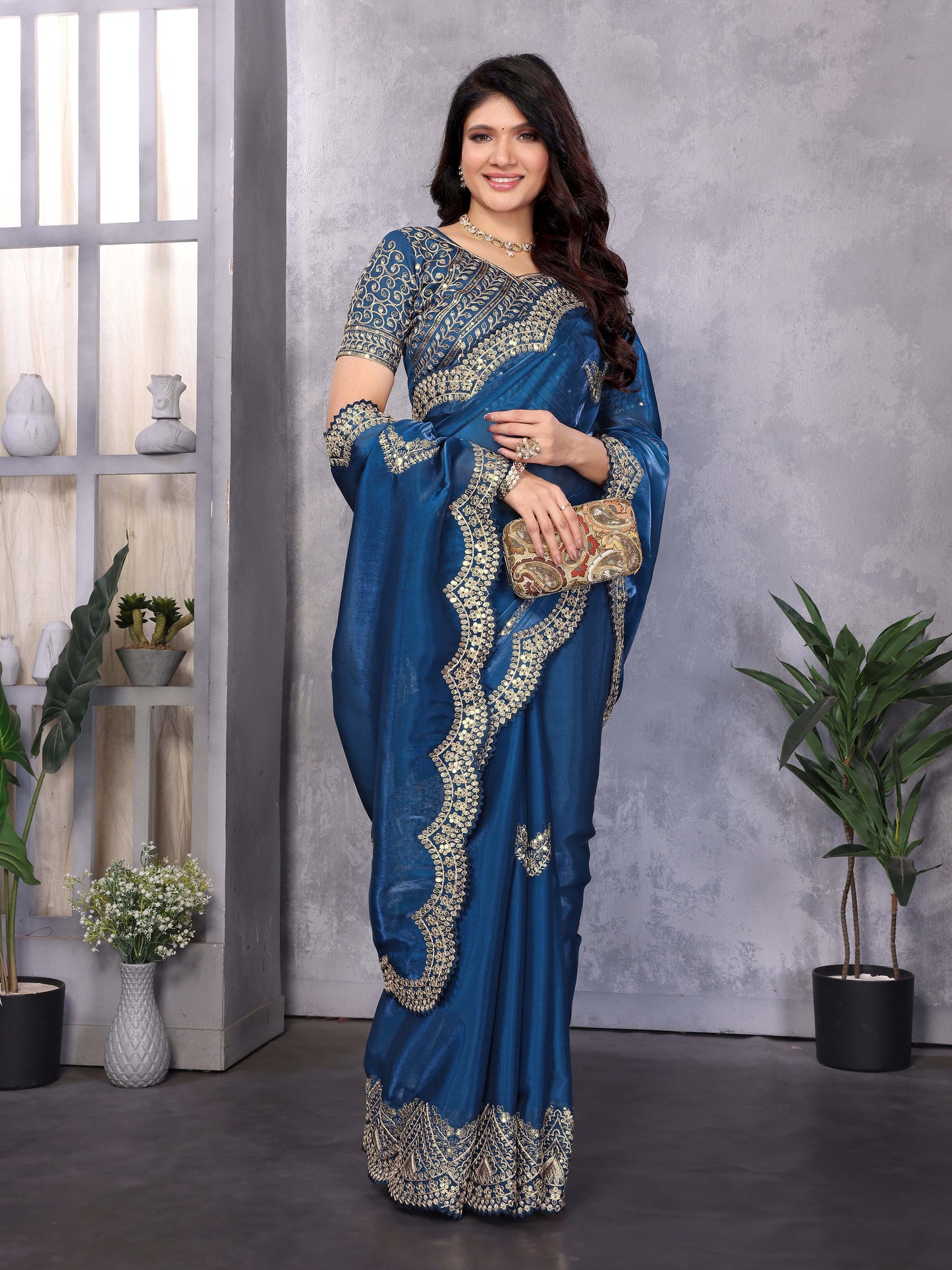New Blue Color Chiffon Embroidery Work Party Wear Saree