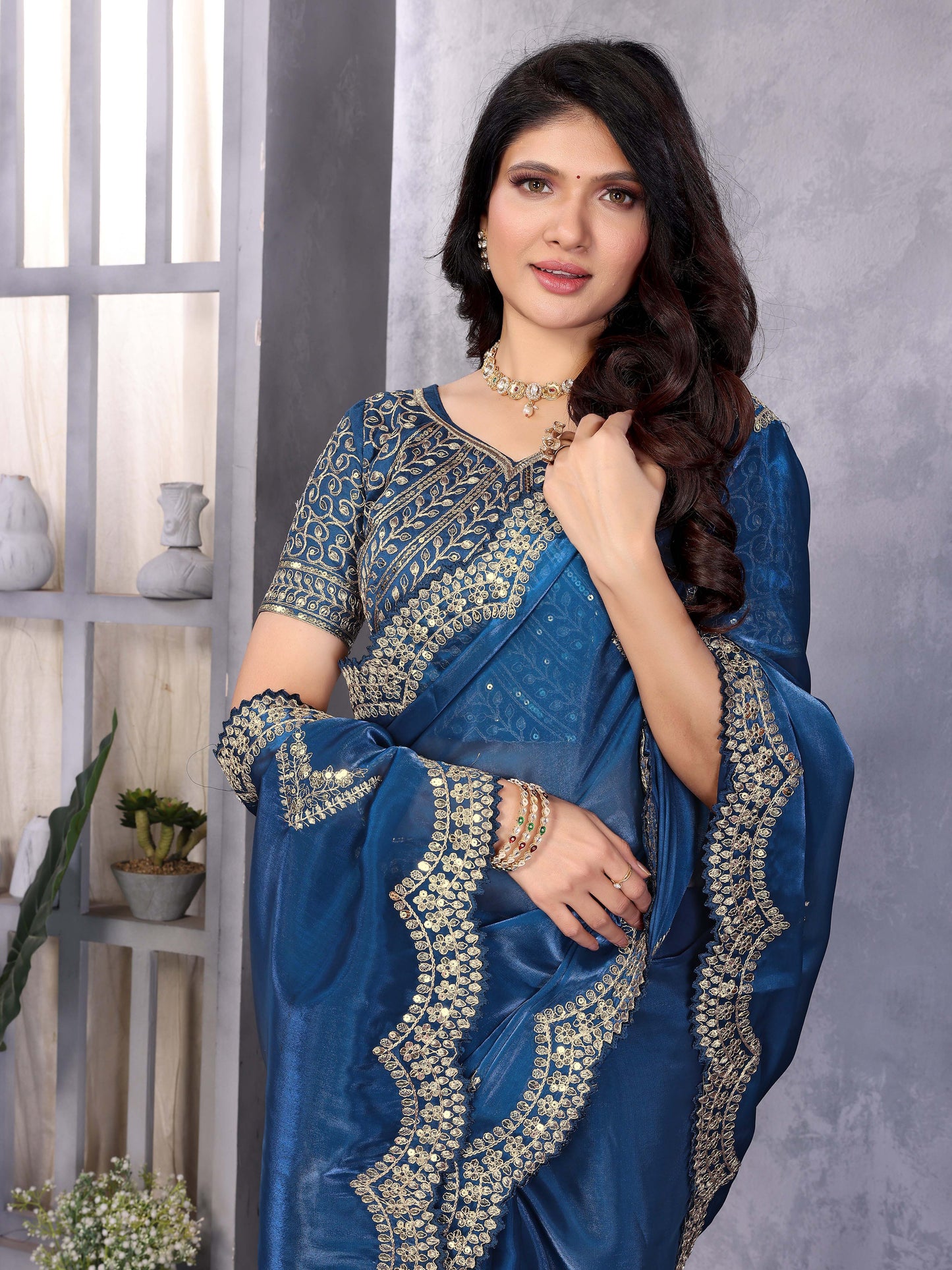 New Blue Color Chiffon Embroidery Work Party Wear Saree