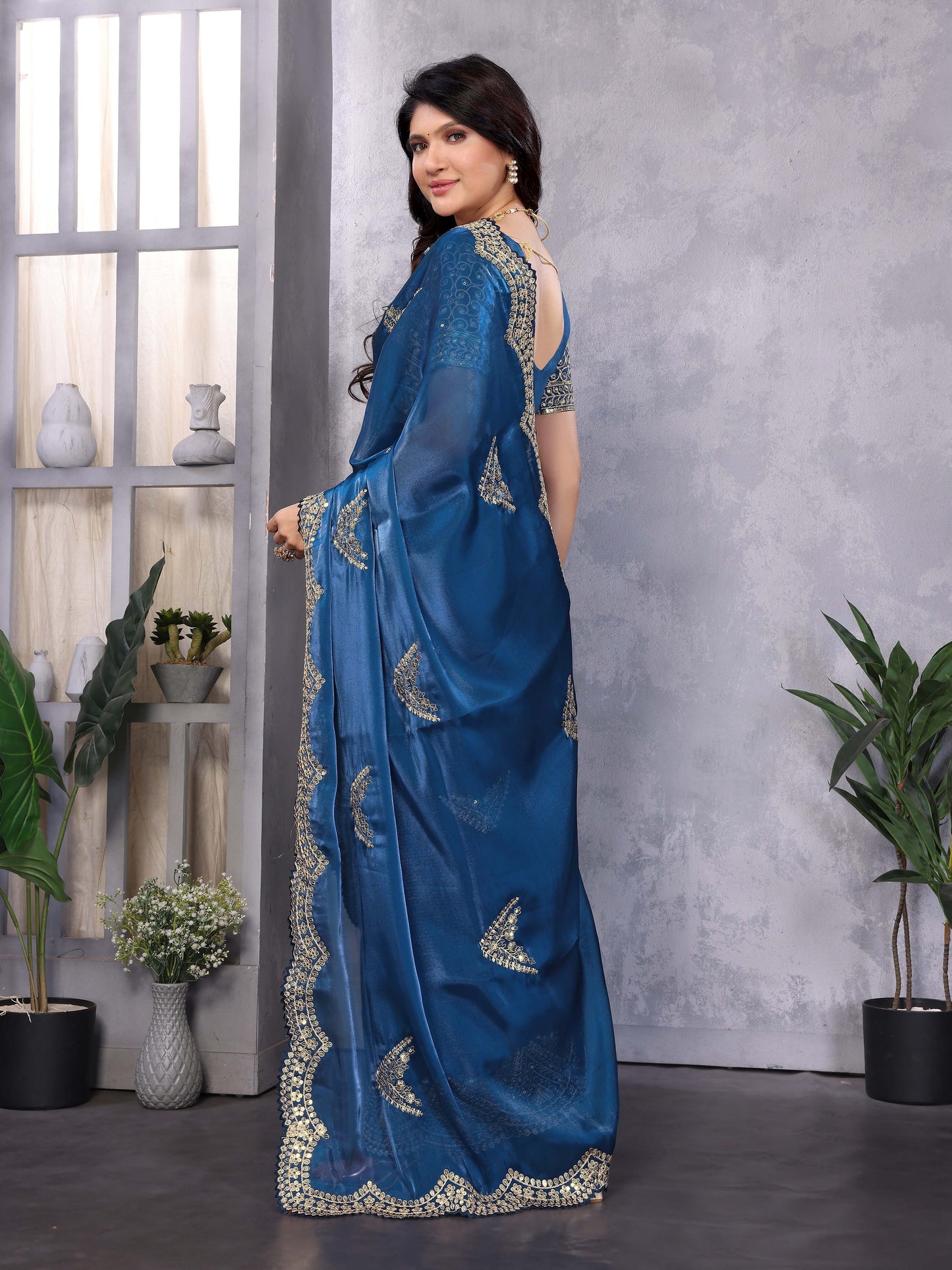New Blue Color Chiffon Embroidery Work Party Wear Saree