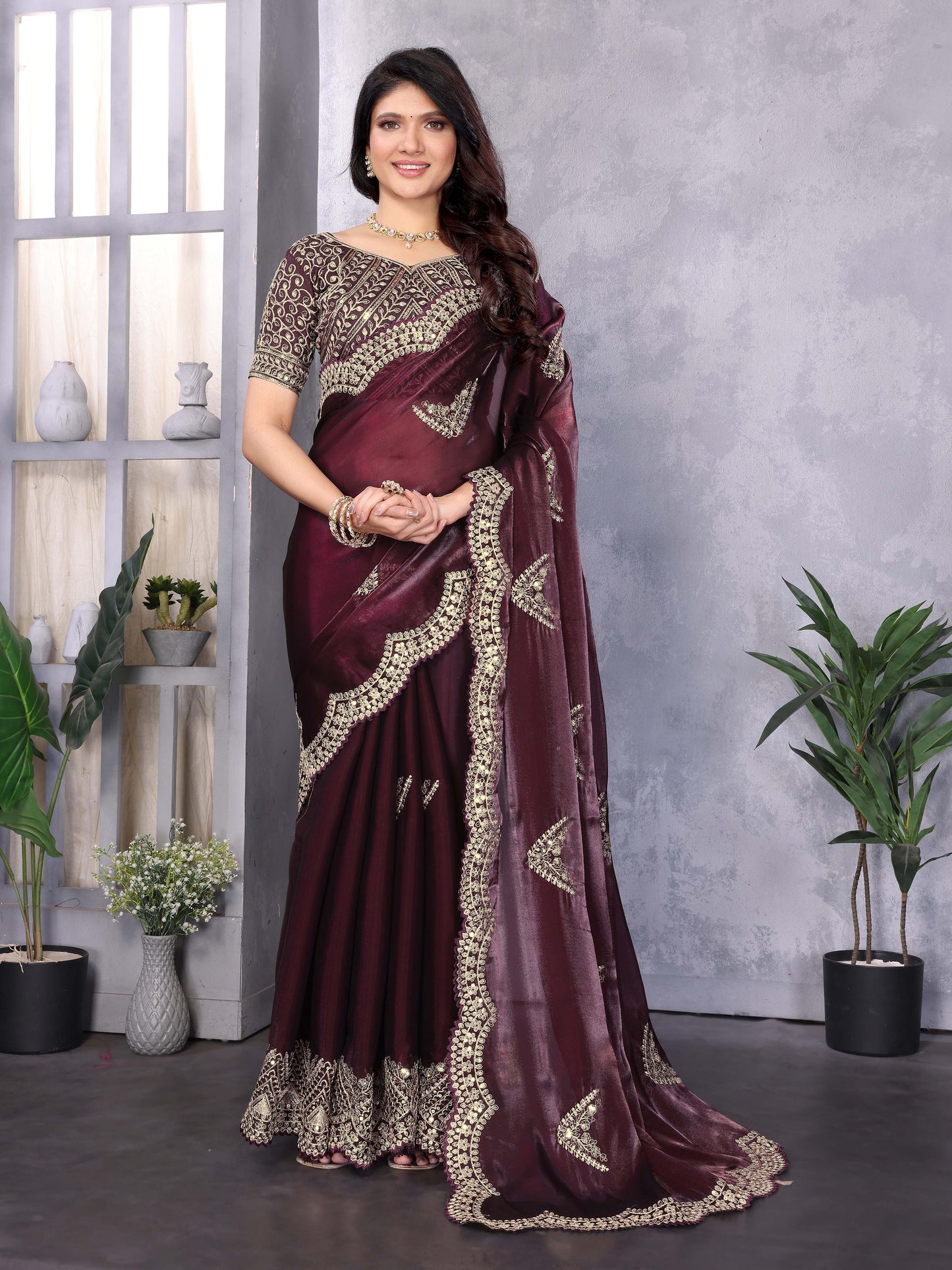 New Burgundy Color Chiffon Embroidery Work Party Wear Saree