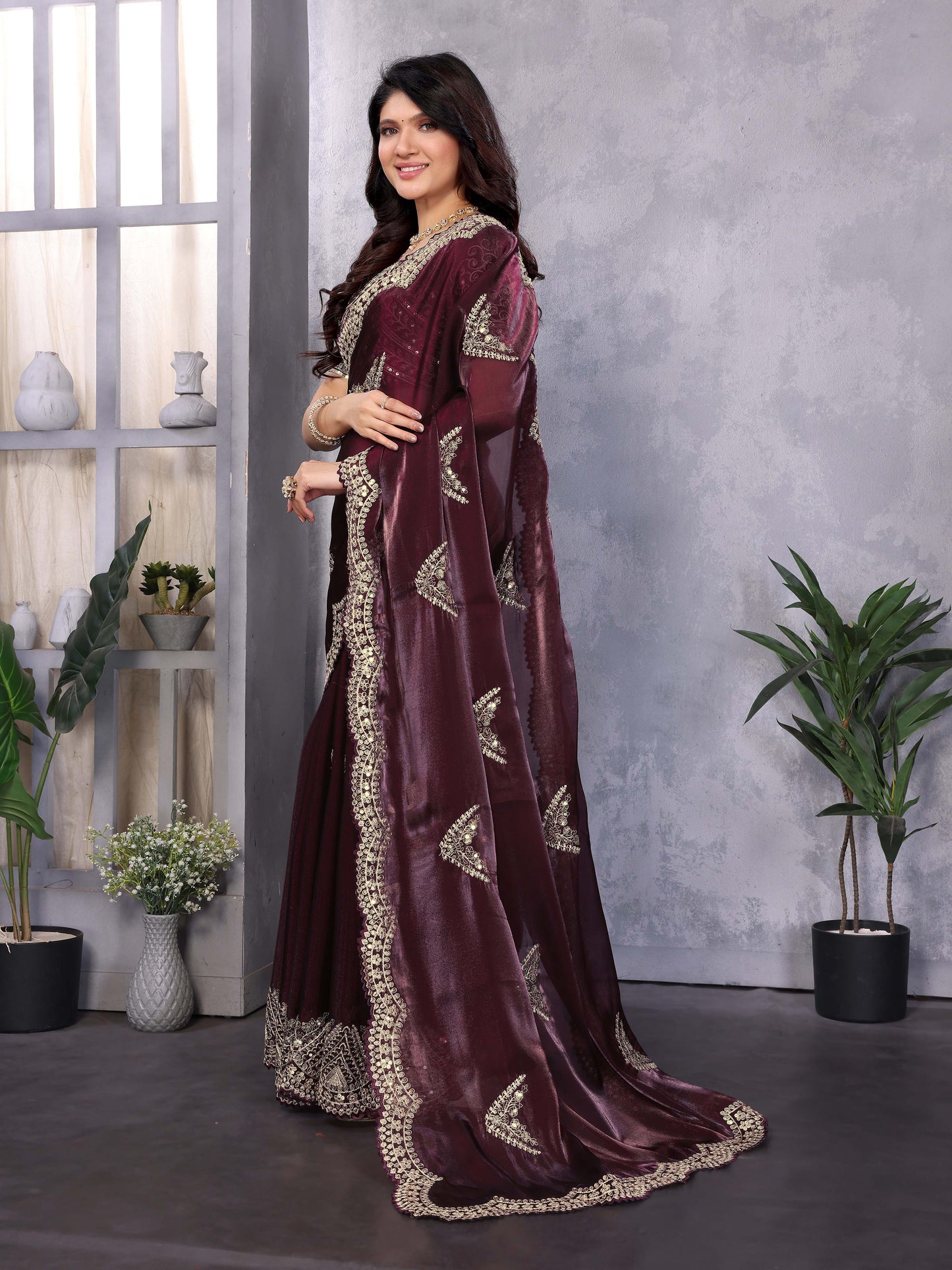 New Burgundy Color Chiffon Embroidery Work Party Wear Saree