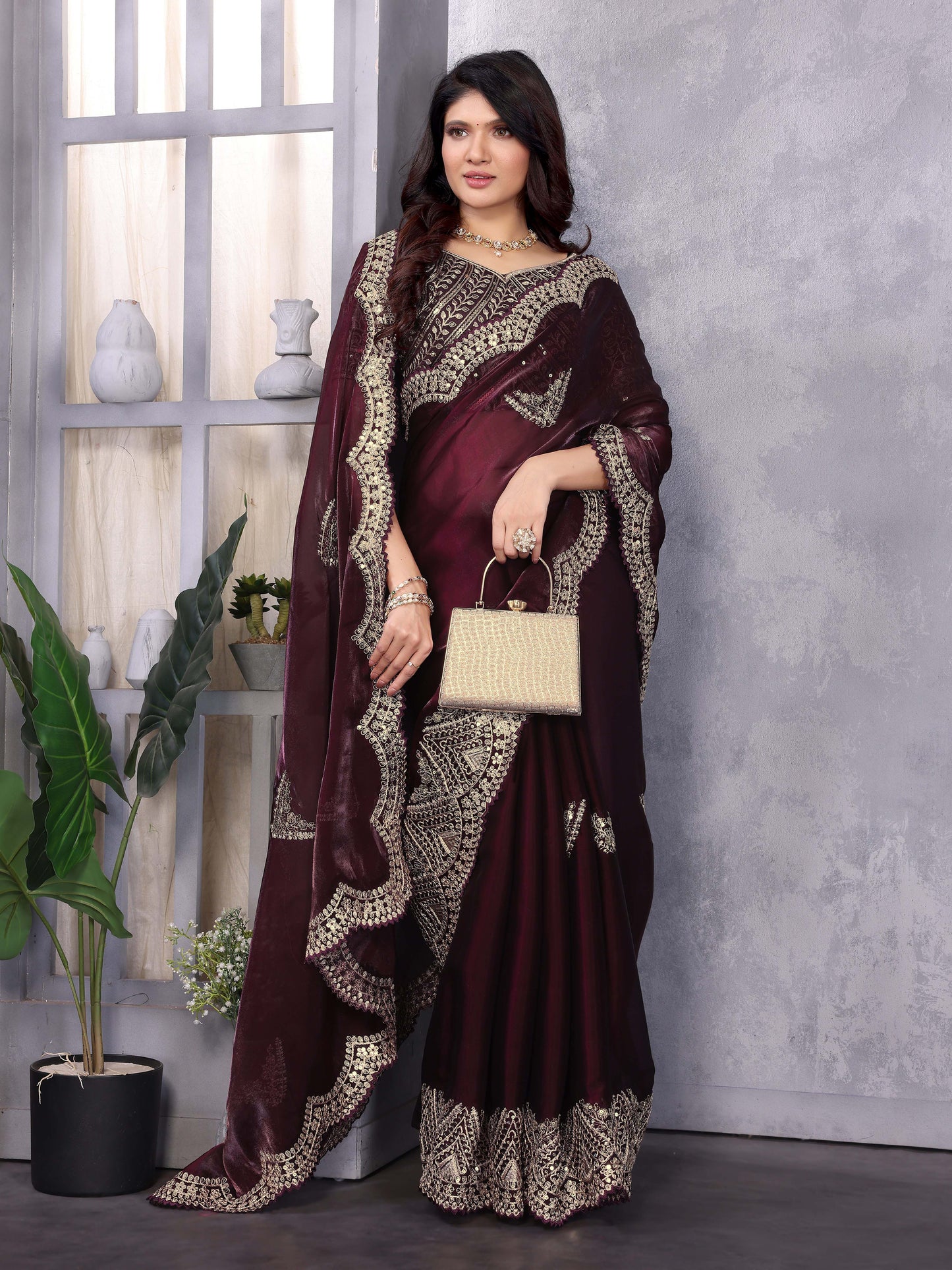 New Burgundy Color Chiffon Embroidery Work Party Wear Saree
