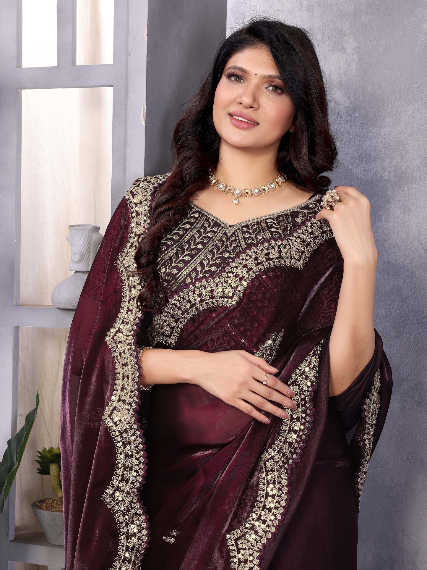 New Burgundy Color Chiffon Embroidery Work Party Wear Saree