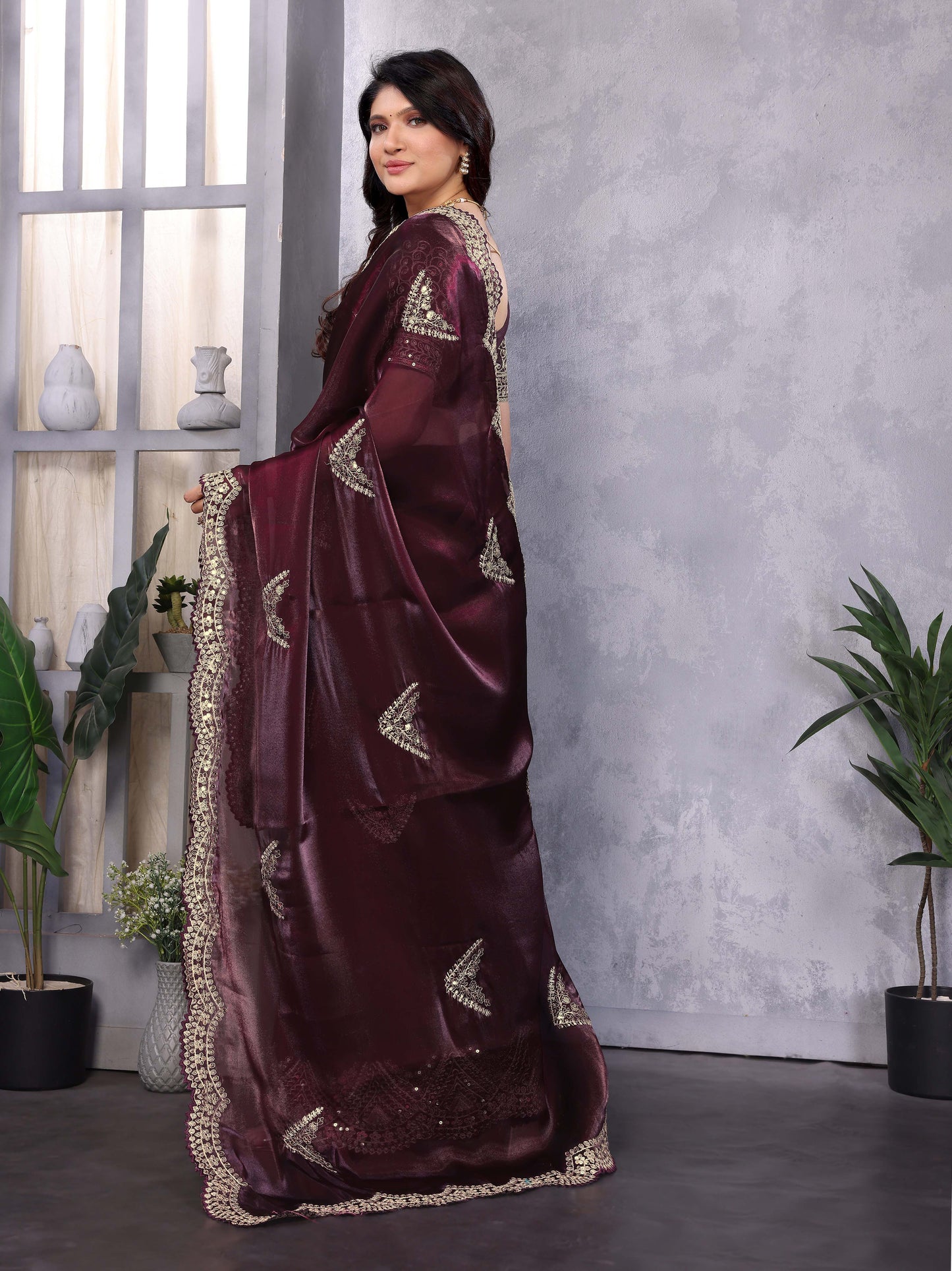 New Burgundy Color Chiffon Embroidery Work Party Wear Saree
