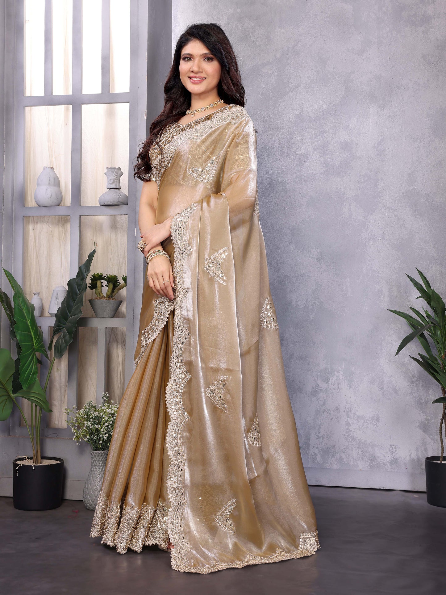 New Cream Color Chiffon Embroidery Work Party Wear Saree