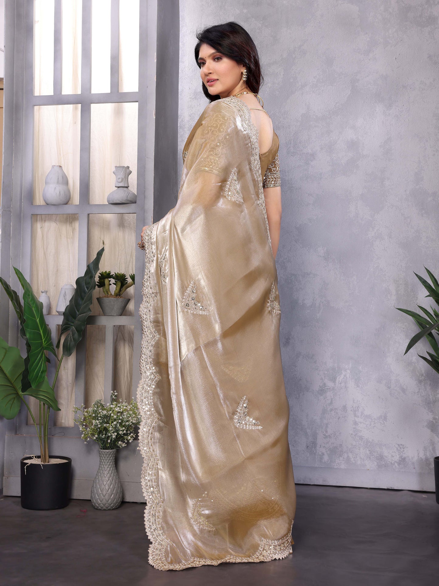 New Cream Color Chiffon Embroidery Work Party Wear Saree