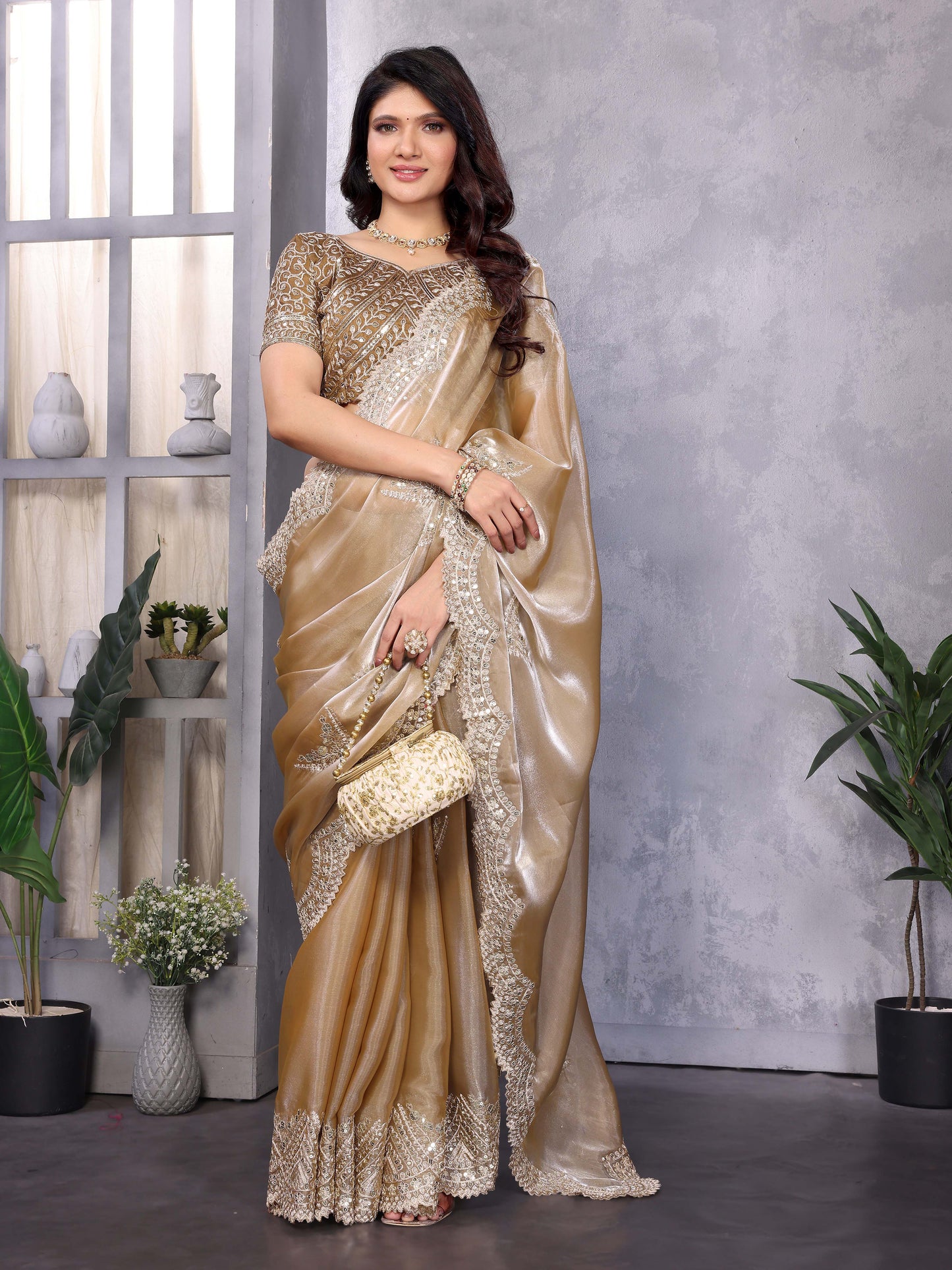 New Cream Color Chiffon Embroidery Work Party Wear Saree