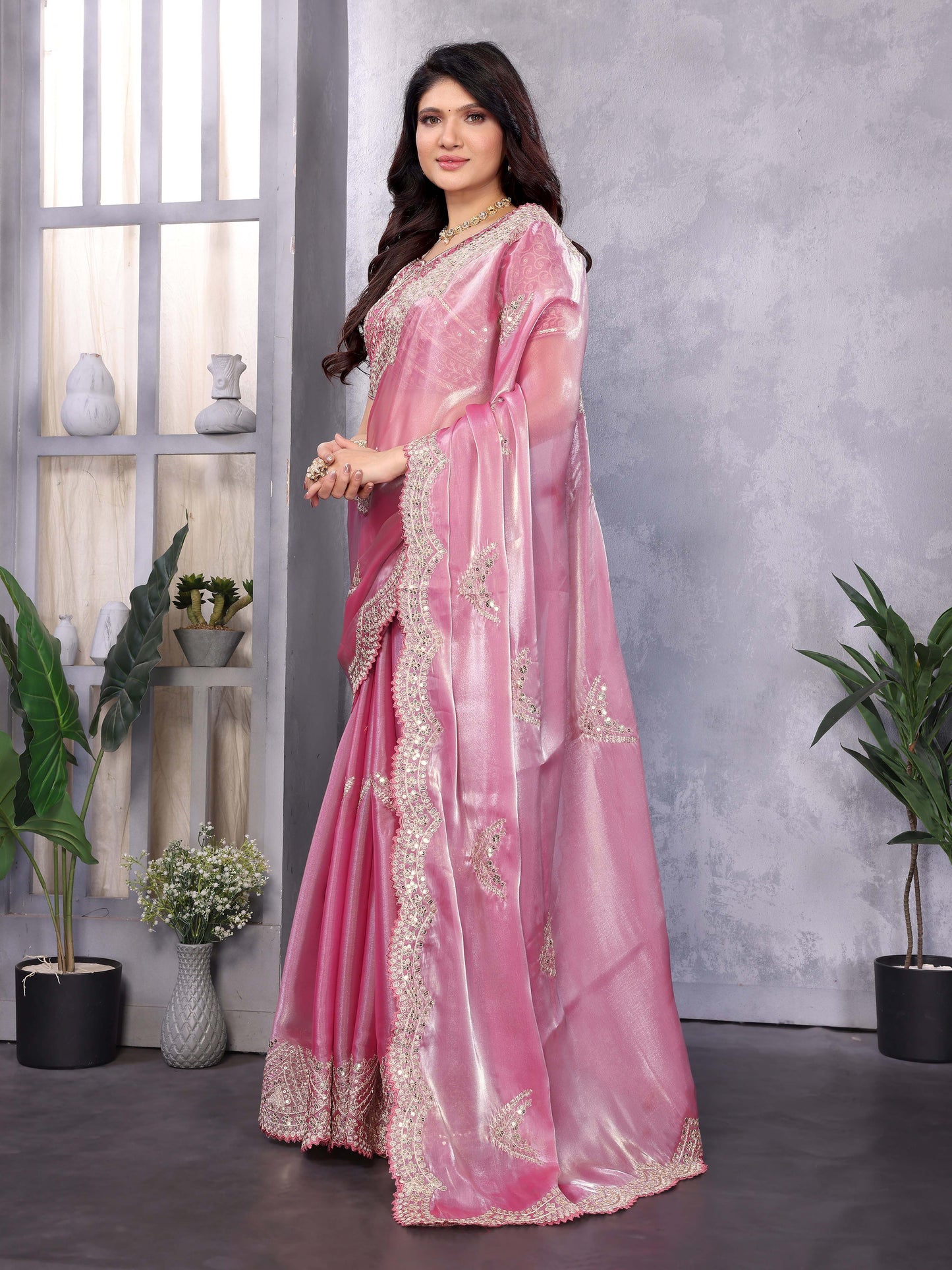 New Light Pink Color Chiffon Embroidery Work Party Wear Saree
