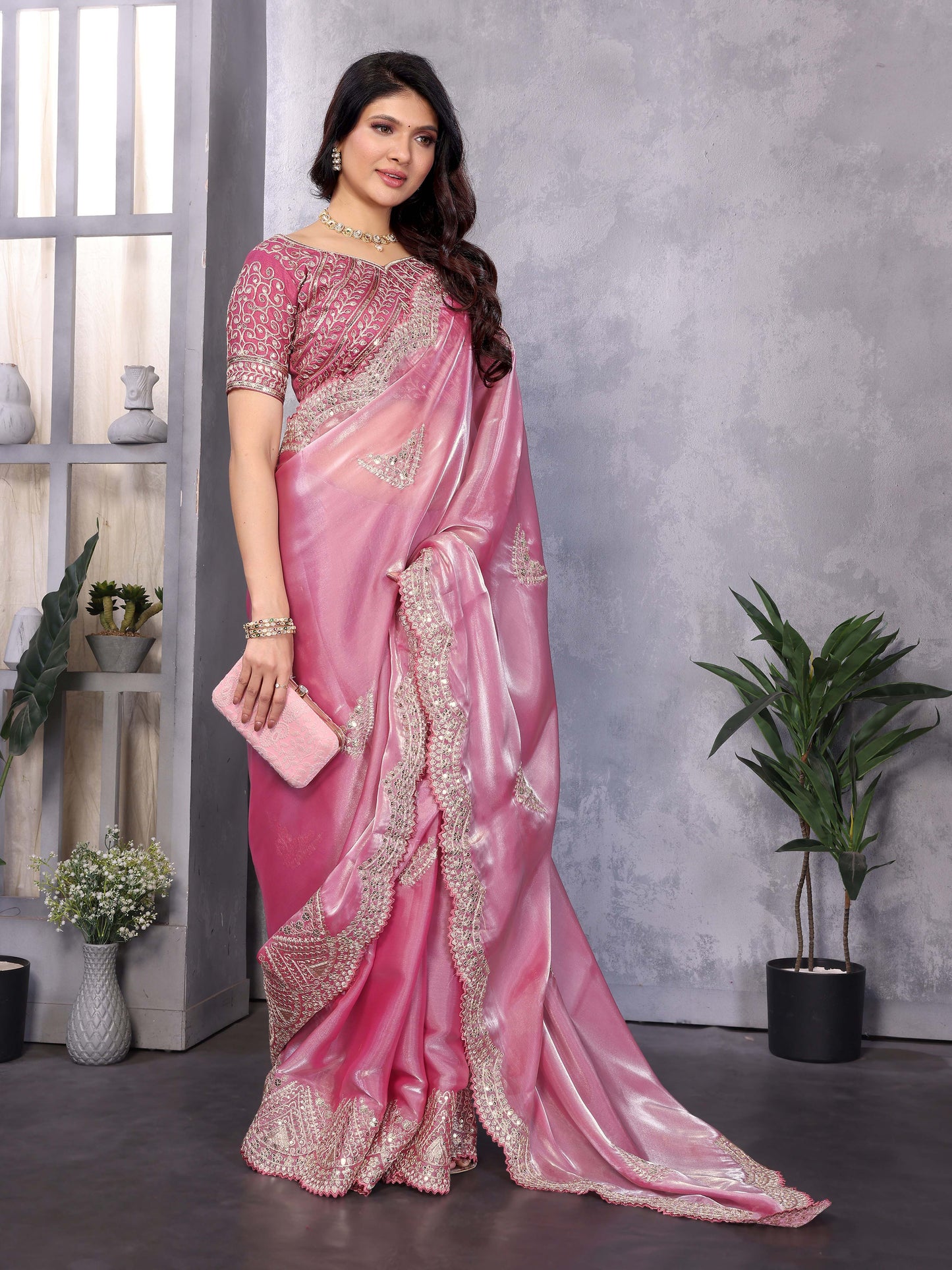 New Light Pink Color Chiffon Embroidery Work Party Wear Saree