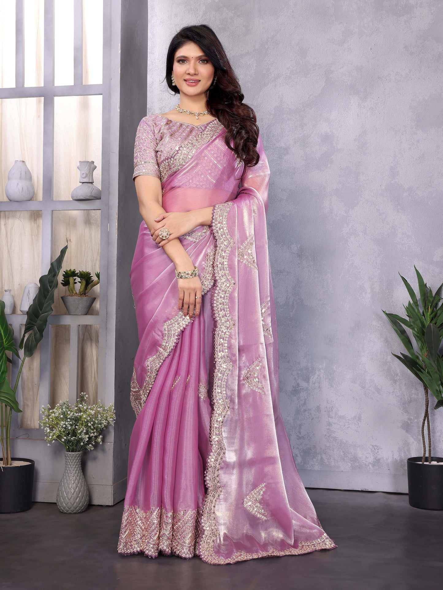 New Mauve Color Chiffon Embroidery Work Party Wear Saree