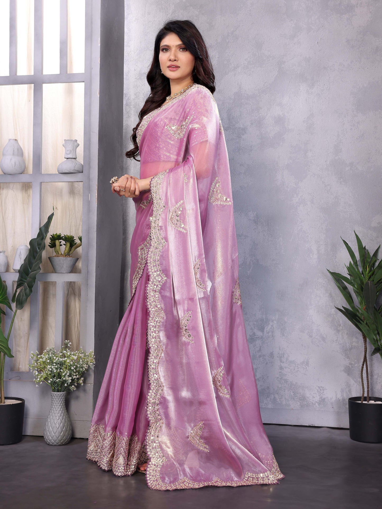 New Mauve Color Chiffon Embroidery Work Party Wear Saree