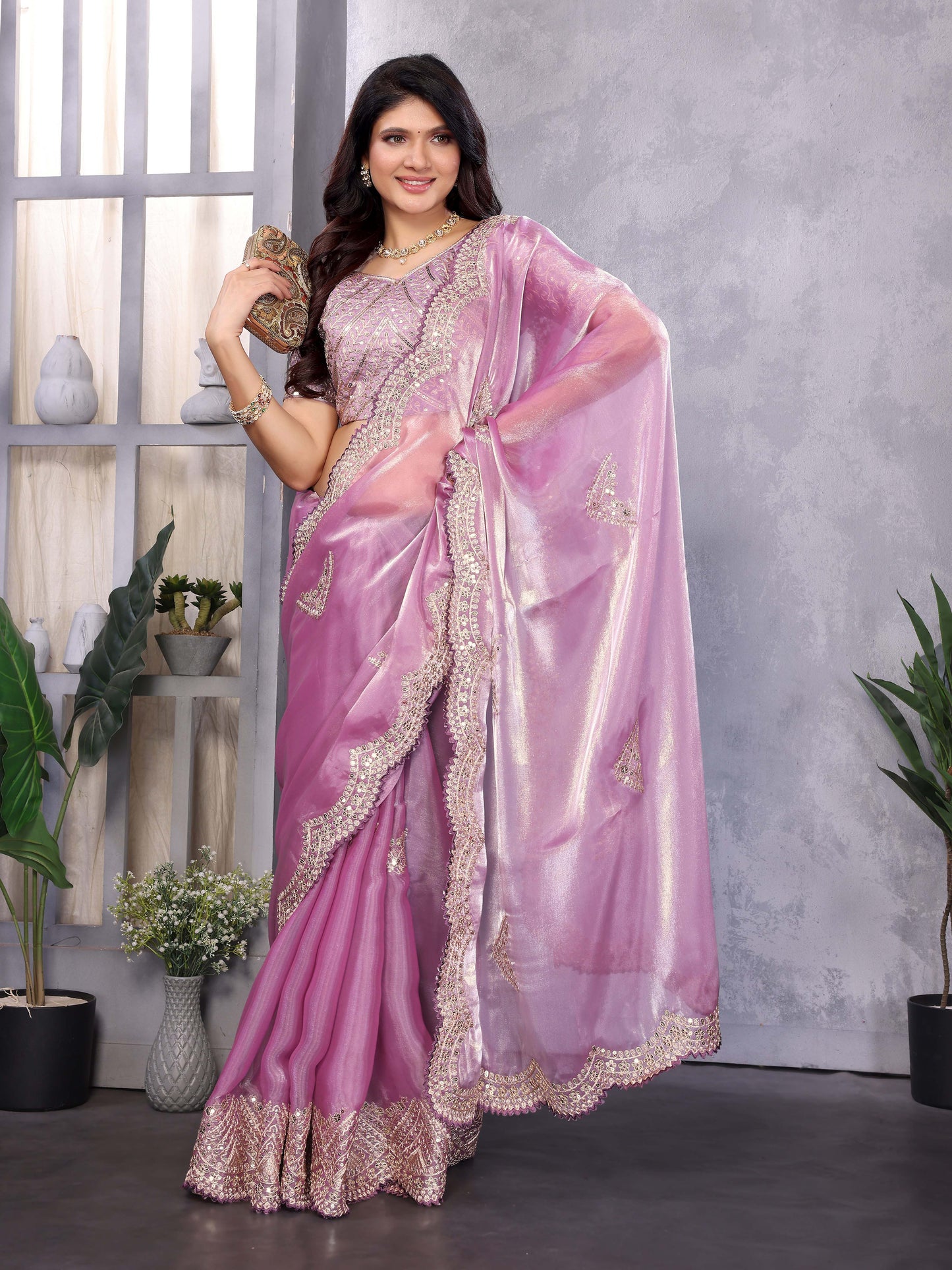 New Mauve Color Chiffon Embroidery Work Party Wear Saree
