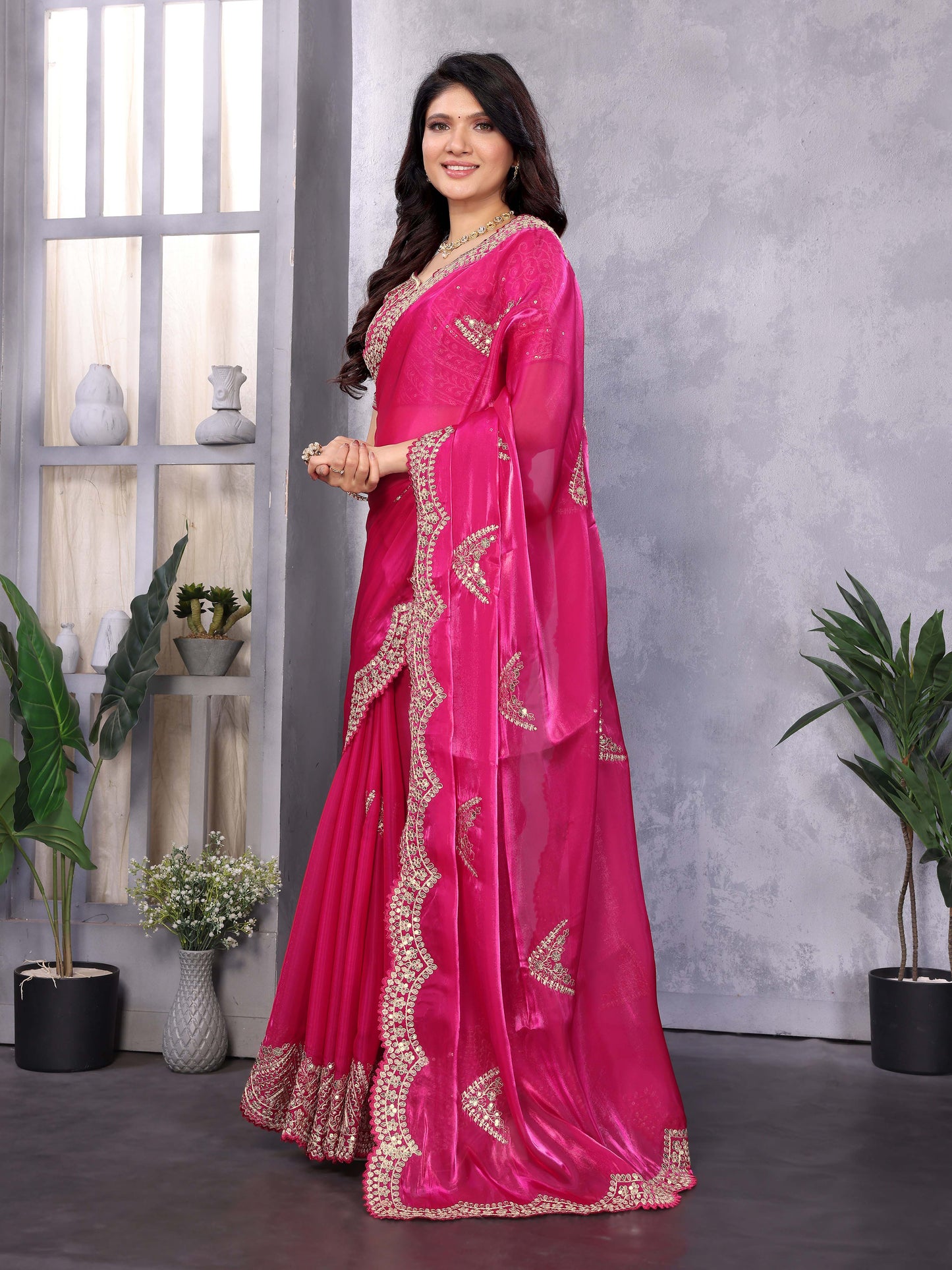 New Pink Color Chiffon Embroidery Work Party Wear Saree