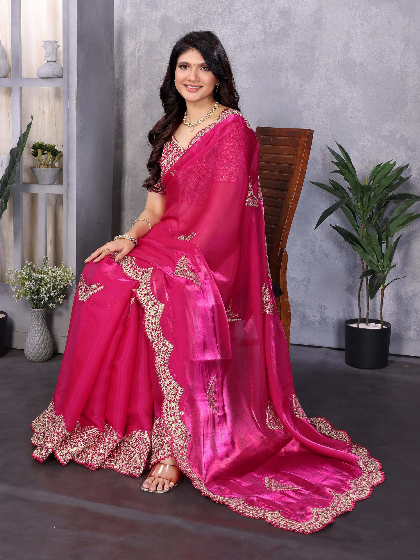 New Pink Color Chiffon Embroidery Work Party Wear Saree