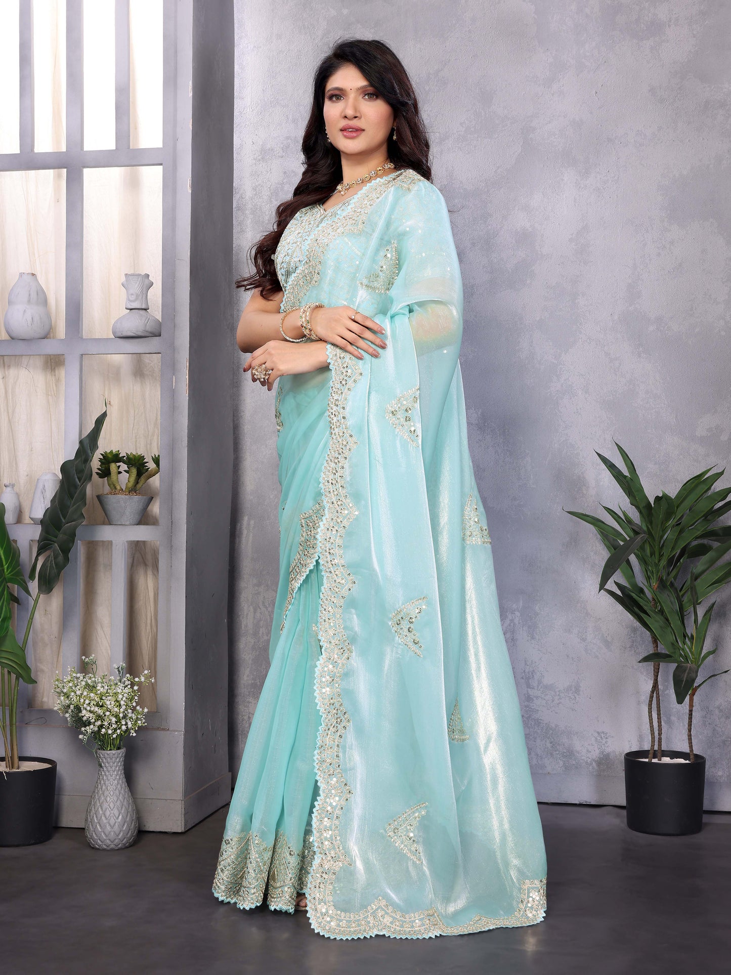 New Sky blue Color Chiffon Embroidery Work Party Wear Saree