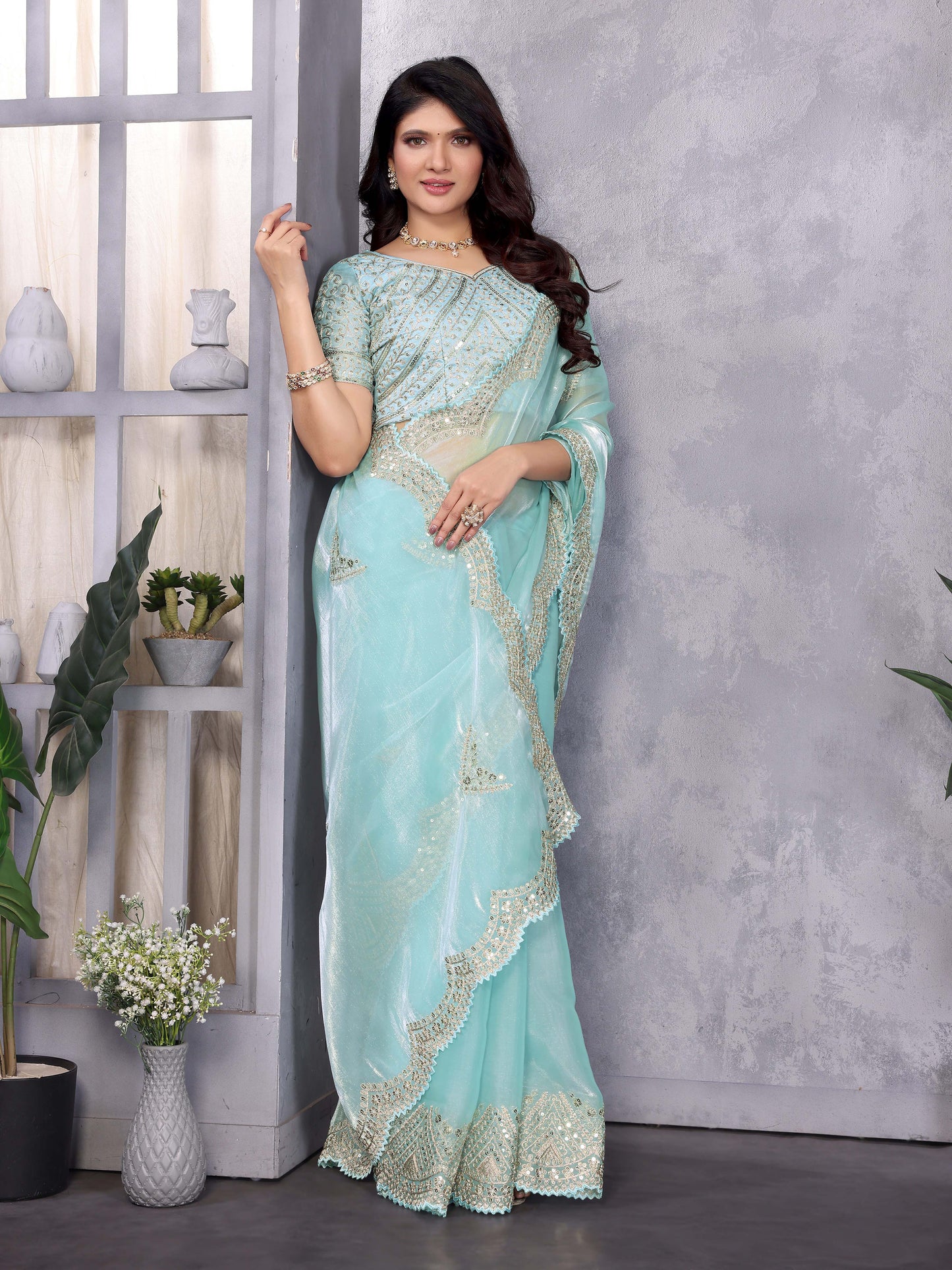 New Sky blue Color Chiffon Embroidery Work Party Wear Saree